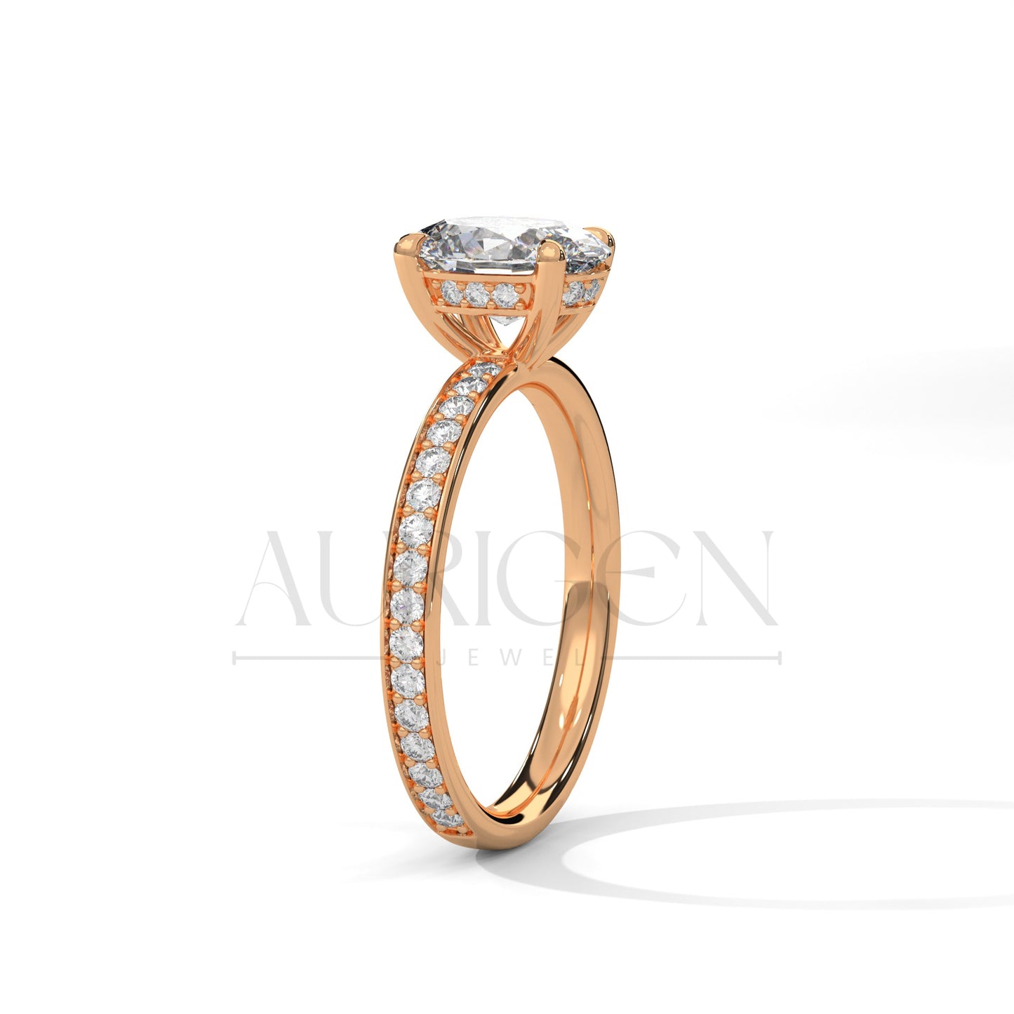 Oval Cut Engagement Ring with Pave Band – 14K Solid Gold, Classic Elegance