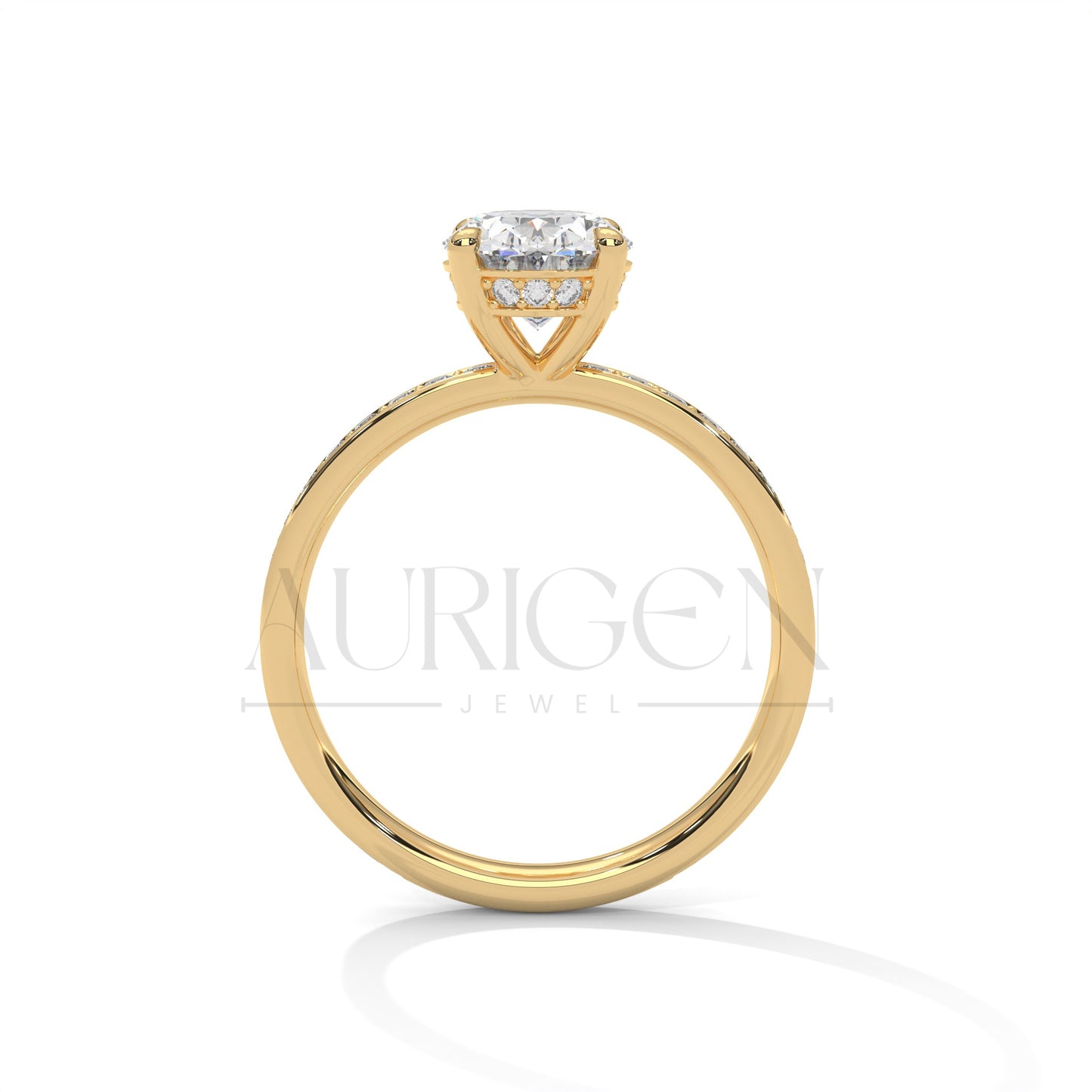Oval Cut Engagement Ring with Pave Band – 14K Solid Gold, Classic Elegance
