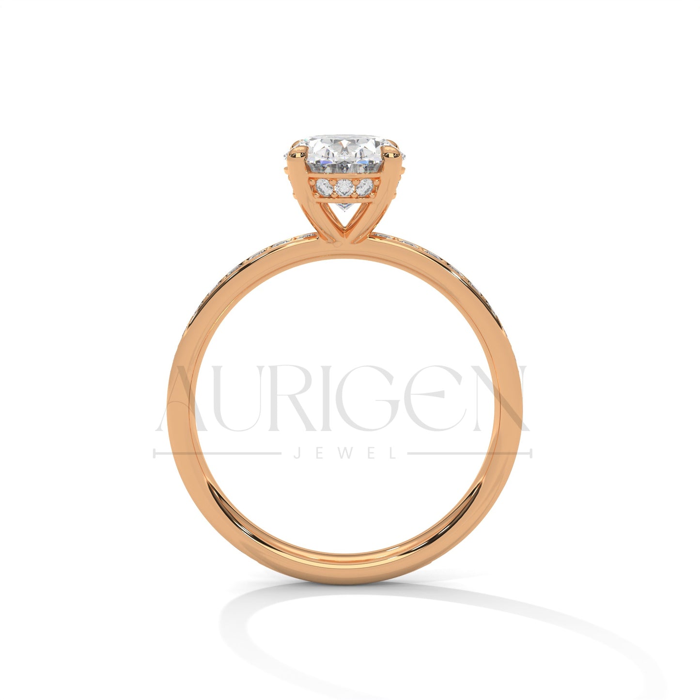 Oval Cut Engagement Ring with Pave Band – 14K Solid Gold, Classic Elegance
