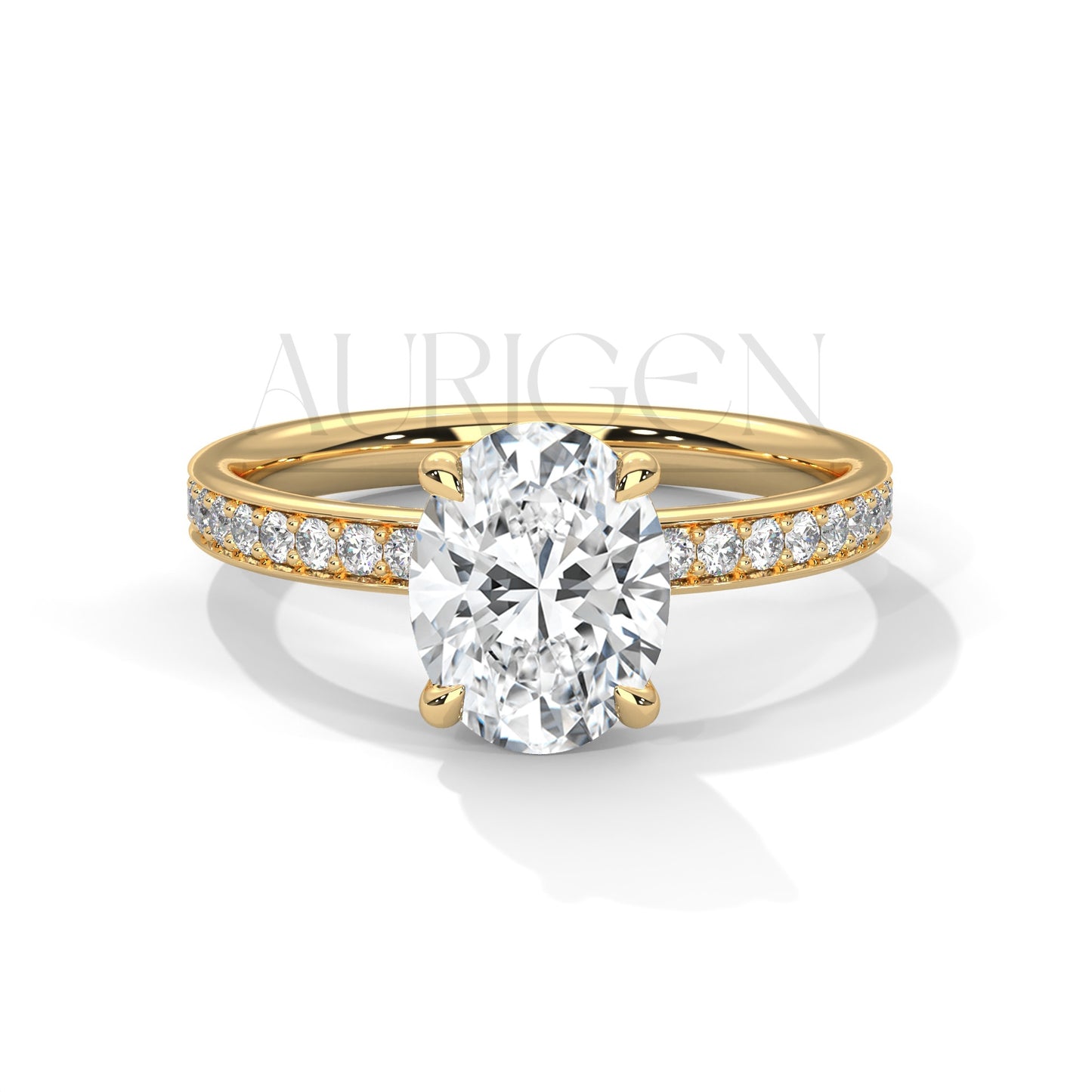 Oval Cut Engagement Ring with Pave Band – 14K Solid Gold, Classic Elegance