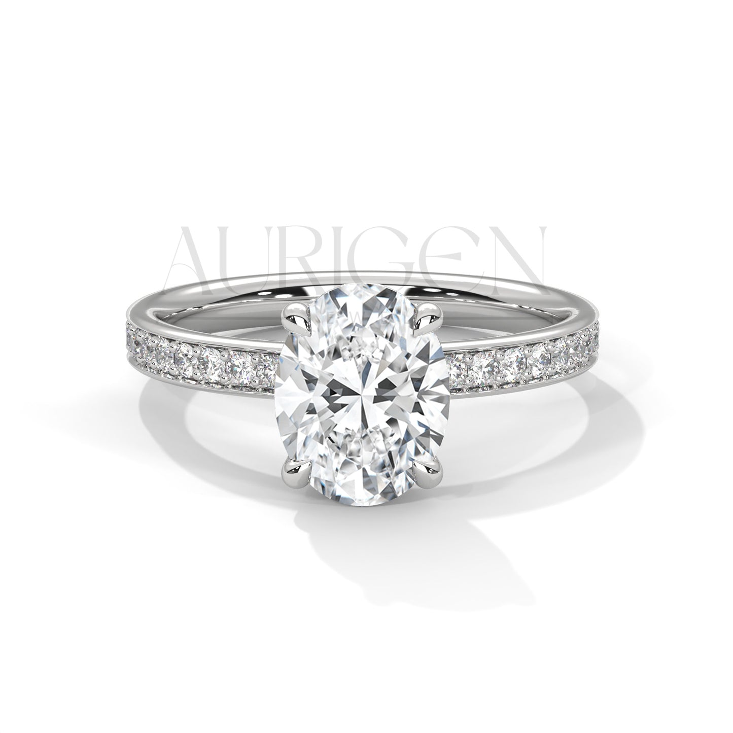 Oval Cut Engagement Ring with Pave Band – 14K Solid Gold, Classic Elegance