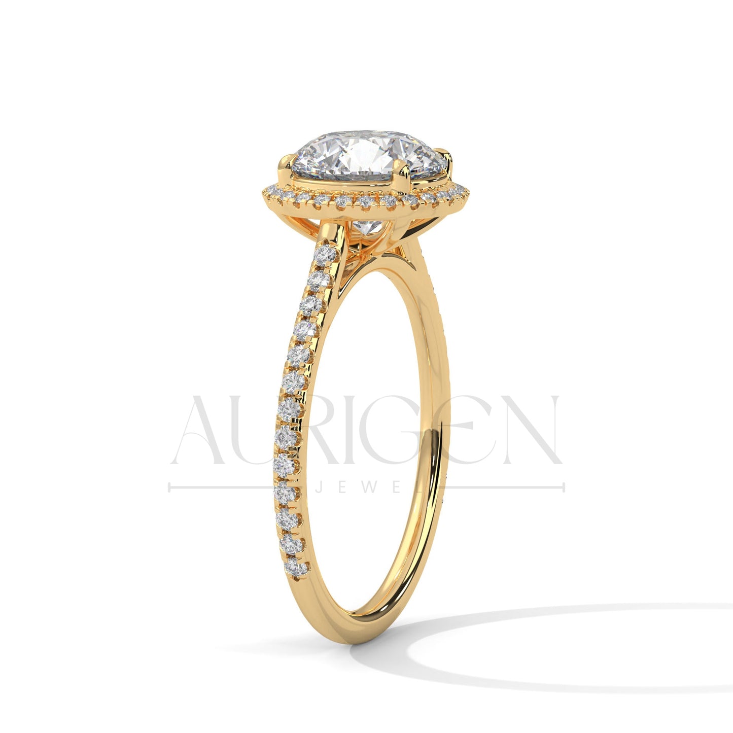 14K Solid Gold Round Brilliant Cut Diamond Ring with Halo and Pave Setting