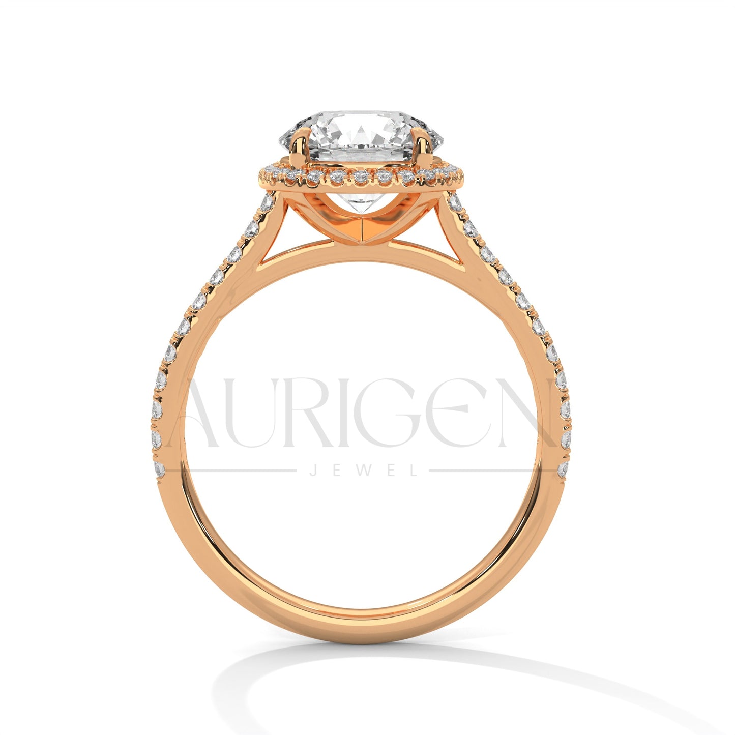Round Brilliant Diamond Halo Engagement Ring in 14K Solid Gold with Pave Band