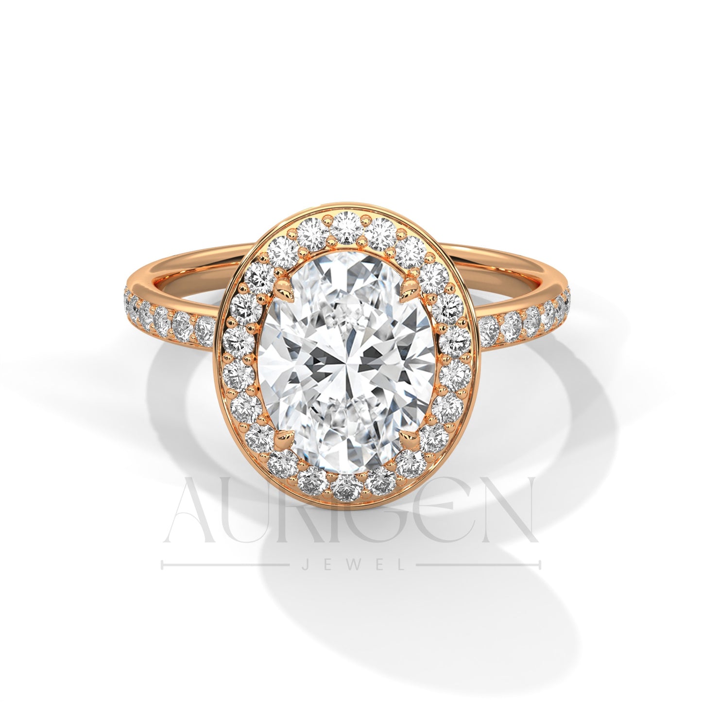 Oval Cut Diamond Halo Engagement Ring with Pave Band in 14K Solid Gold