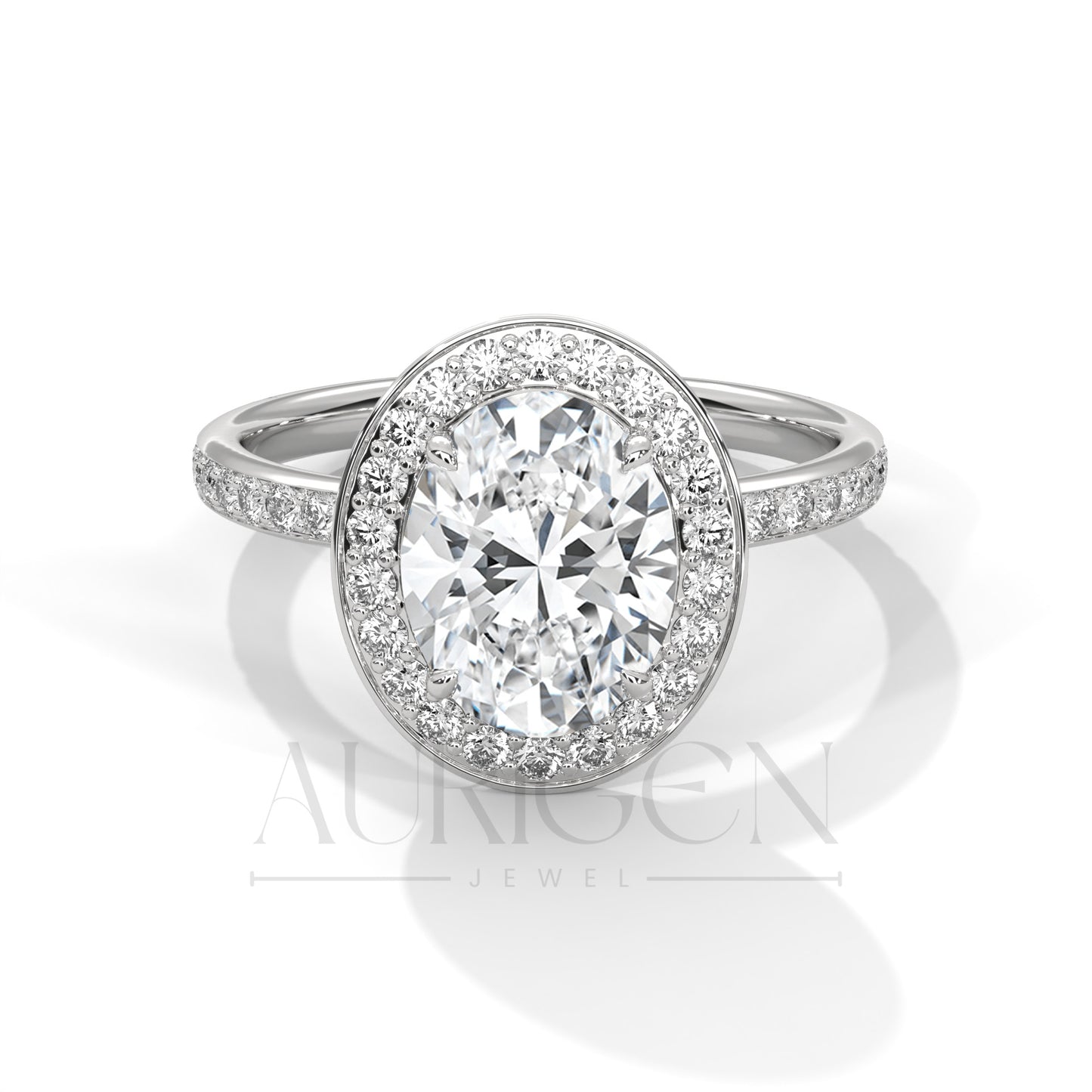 Oval Cut Diamond Halo Engagement Ring with Pave Band in 14K Solid Gold
