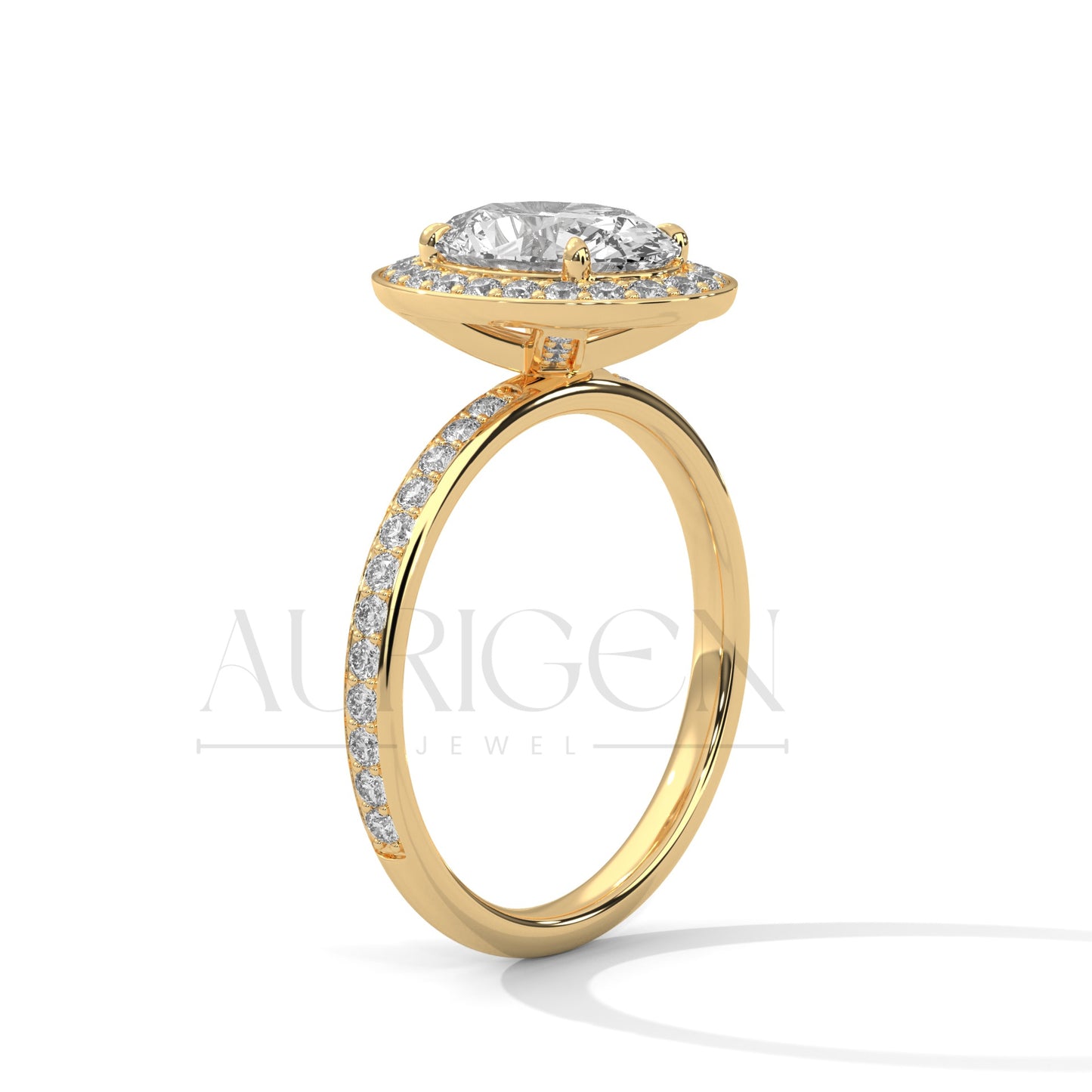 Oval Cut Diamond Halo Engagement Ring with Pave Band in 14K Solid Gold