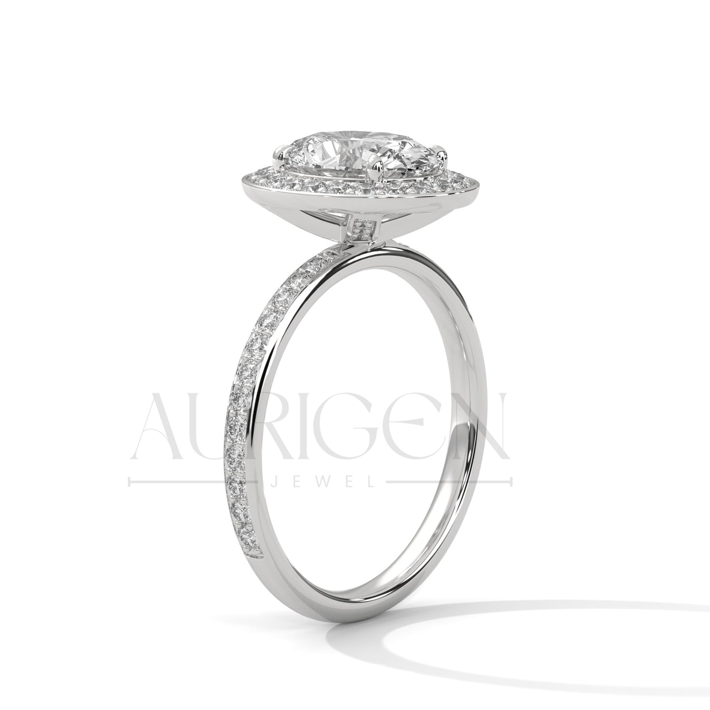 Oval Cut Diamond Halo Engagement Ring with Pave Band in 14K Solid Gold