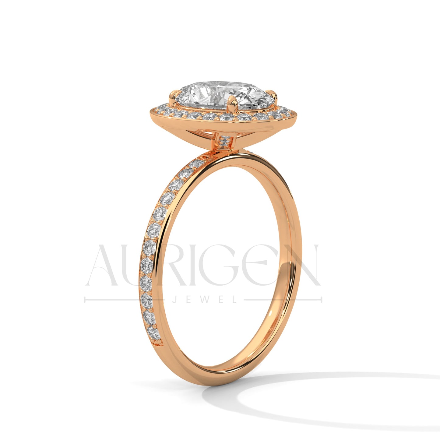 Oval Cut Diamond Halo Engagement Ring with Pave Band in 14K Solid Gold