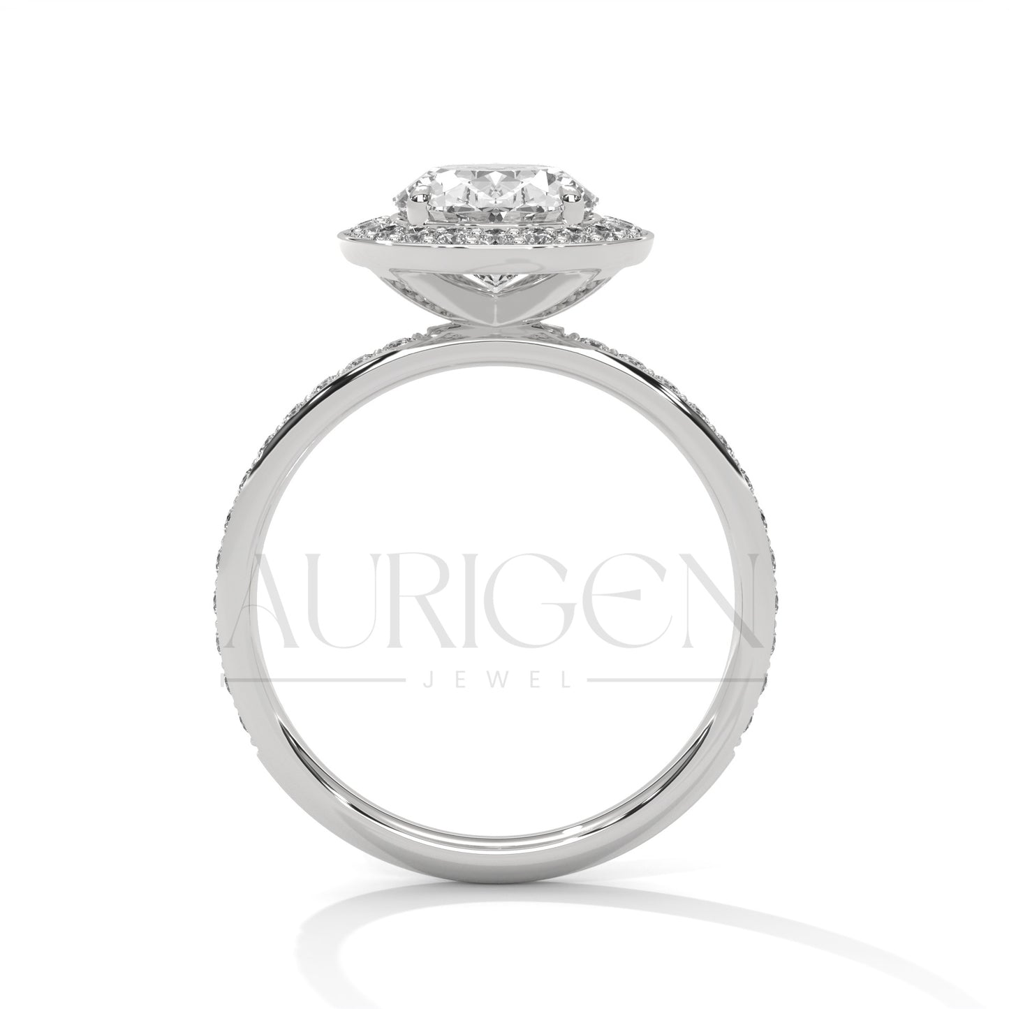 Oval Cut Diamond Halo Engagement Ring with Pave Band in 14K Solid Gold