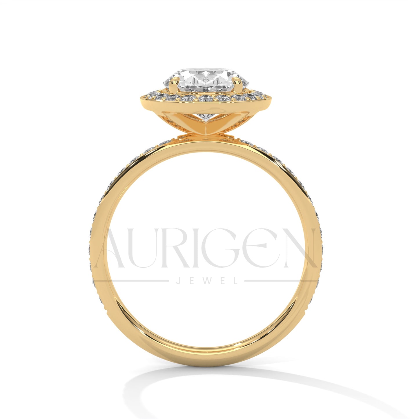 Oval Cut Diamond Halo Engagement Ring with Pave Band in 14K Solid Gold
