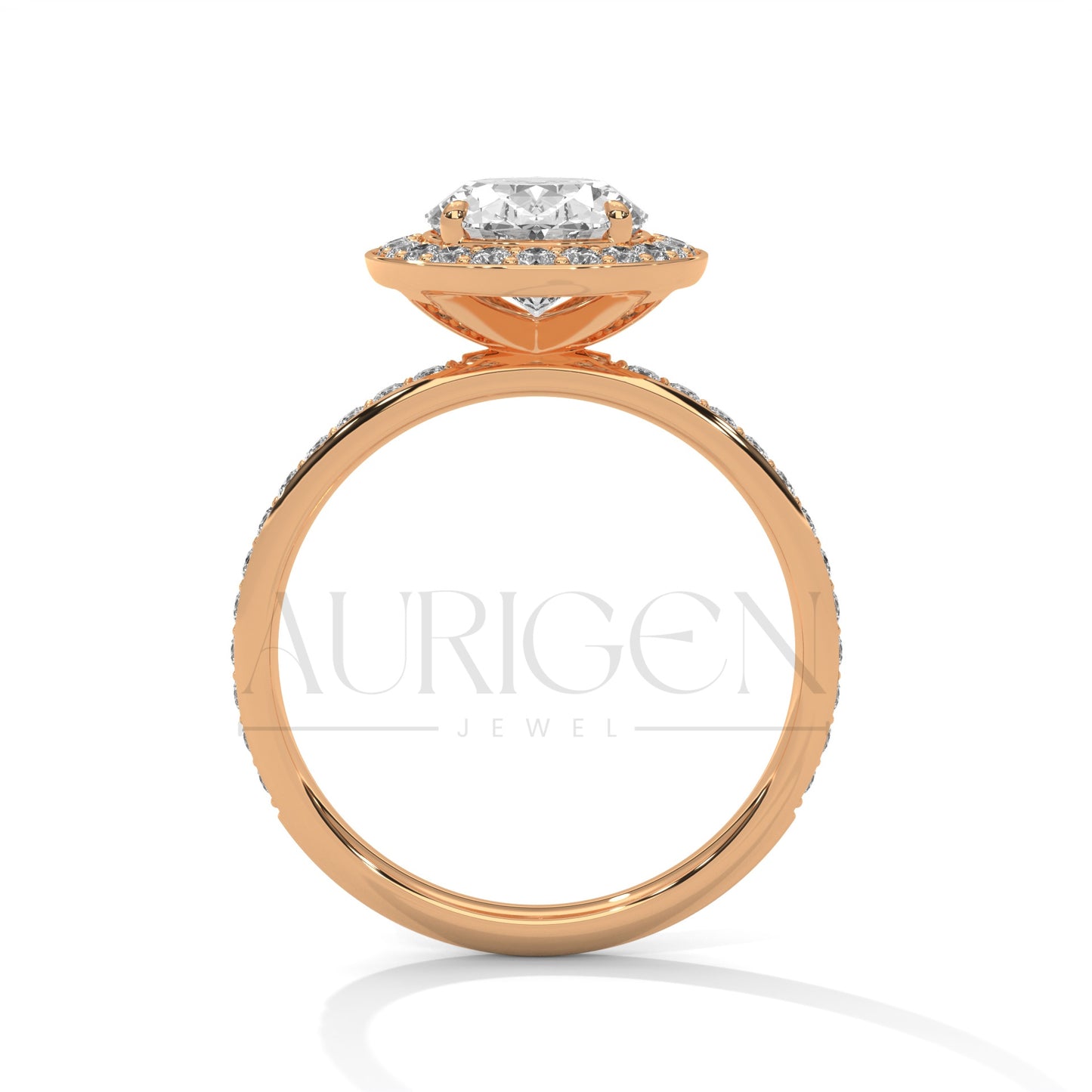 Oval Cut Diamond Halo Engagement Ring with Pave Band in 14K Solid Gold