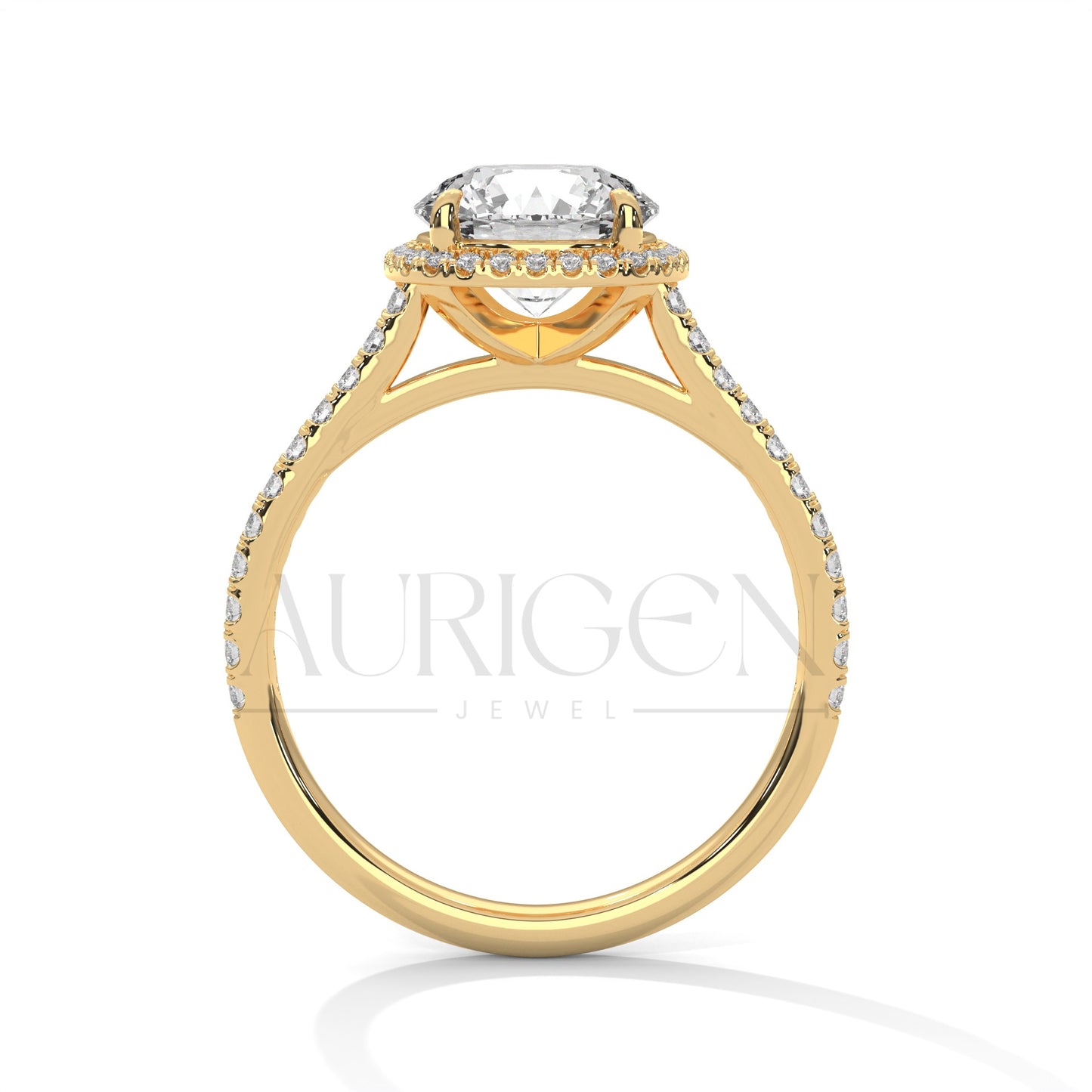 Round Brilliant Diamond Halo Engagement Ring in 14K Solid Gold with Pave Band