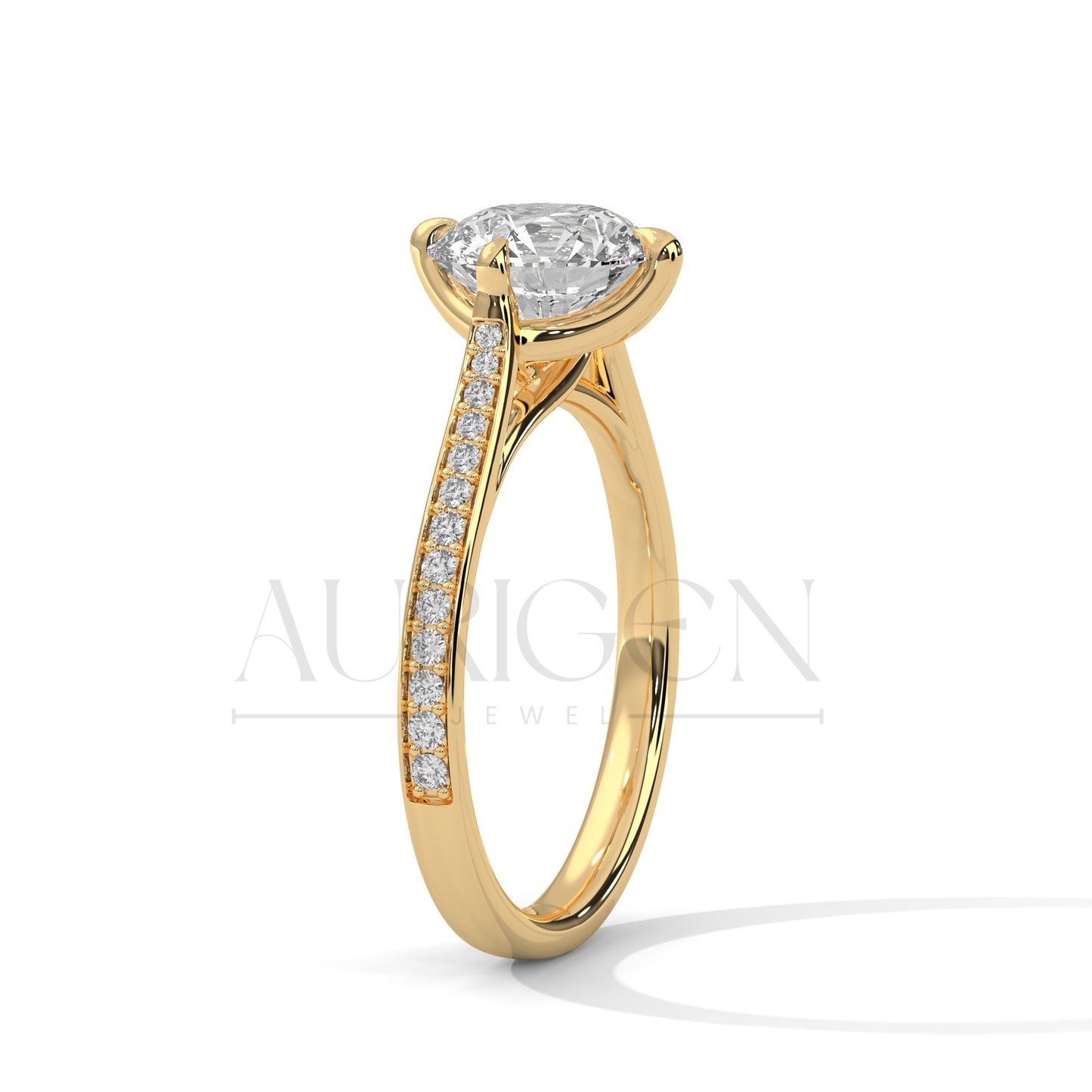 Sparkling Elegance: Round Cut Diamond with Side Pave Setting in 14K Yellow Gold Ring