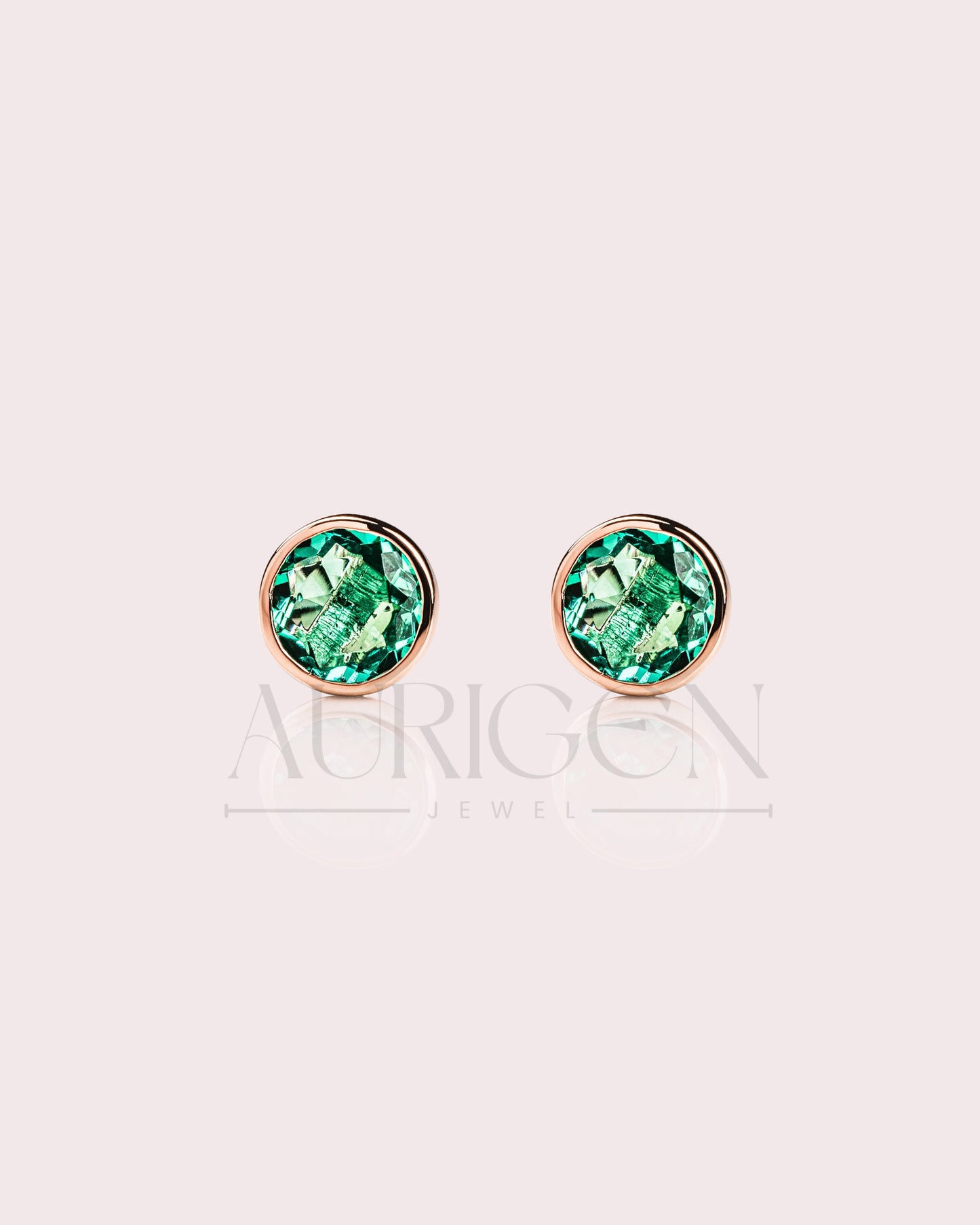 Unique Bezel Setting Stud Earrings - Green Round Cut Moissanite and Lab Grown Diamond