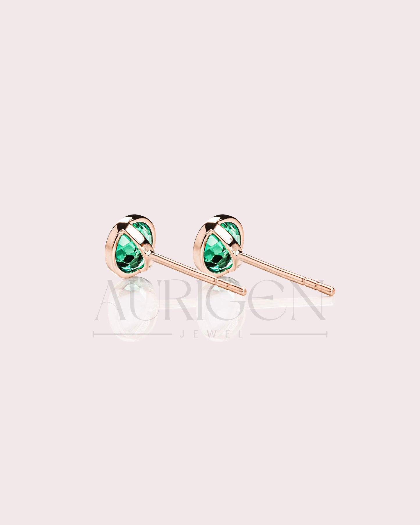 Unique Bezel Setting Stud Earrings - Green Round Cut Moissanite and Lab Grown Diamond