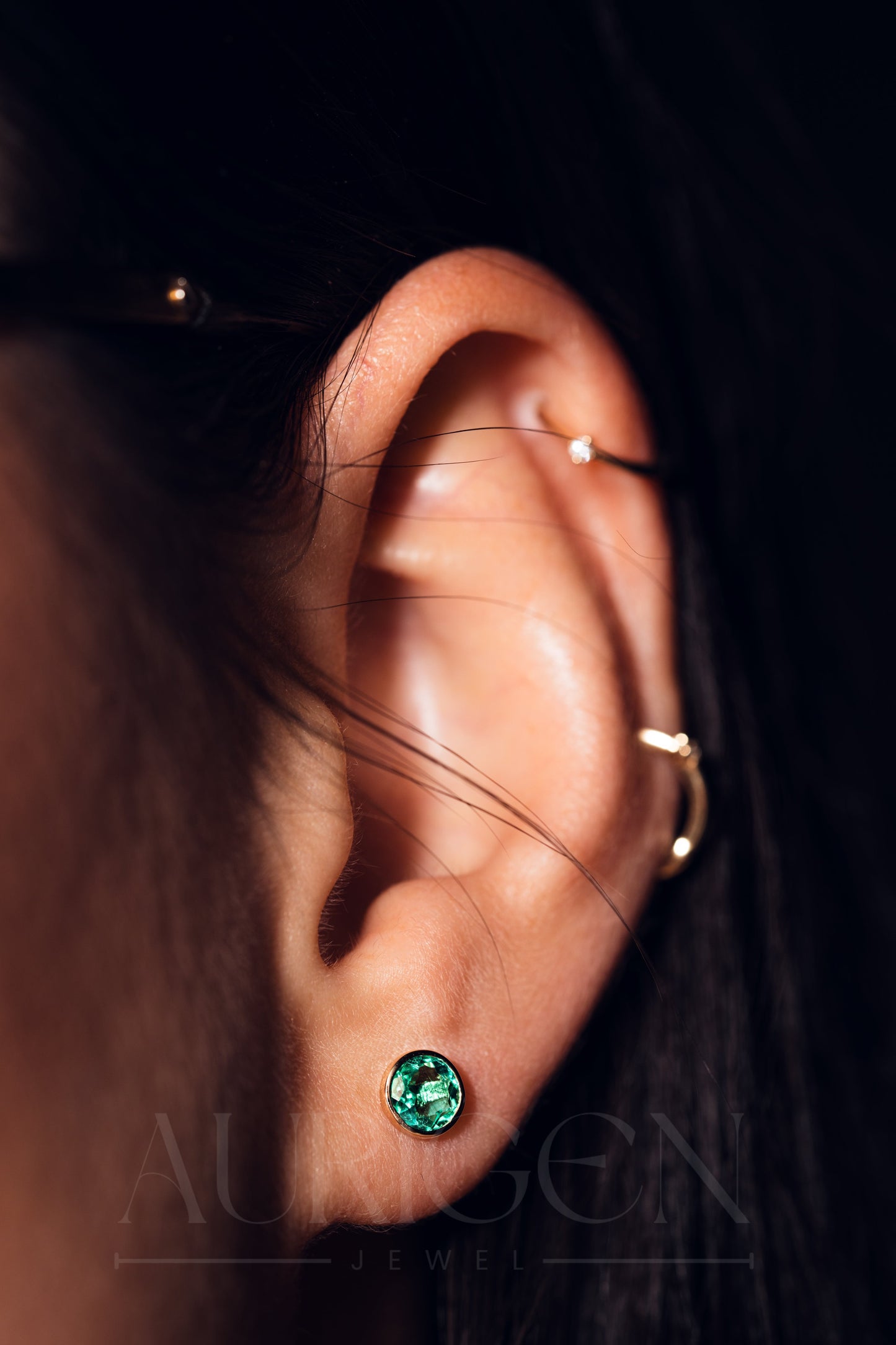 Unique Bezel Setting Stud Earrings - Green Round Cut Moissanite and Lab Grown Diamond