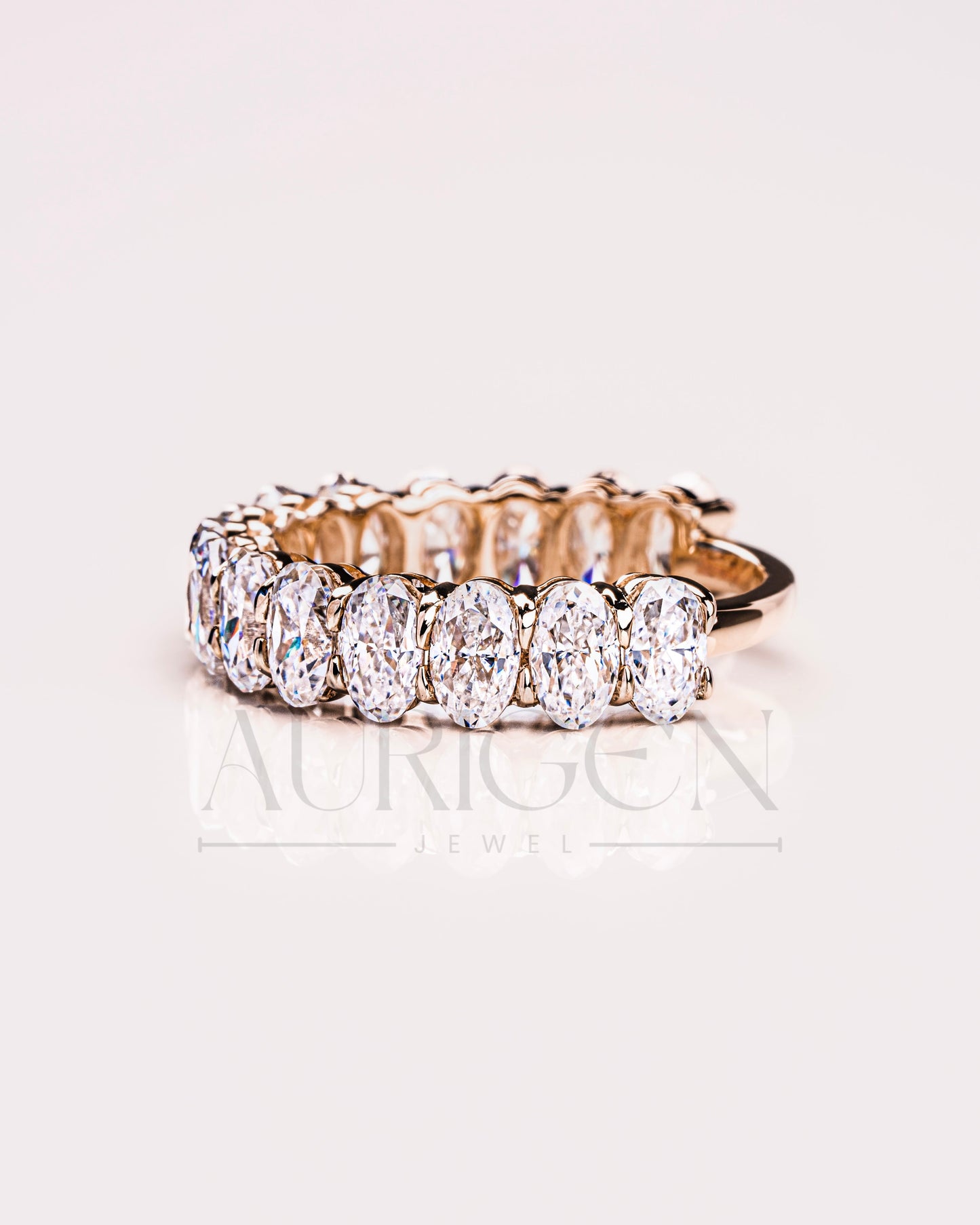 14K Solid Gold Crushed Ice Oval Moissanite & Leb Diamond Eternity Band