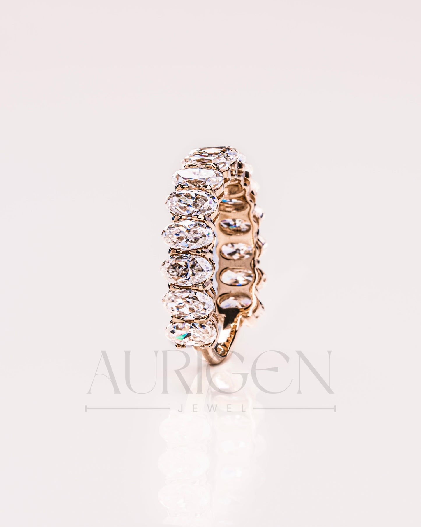 14K Solid Gold Crushed Ice Oval Moissanite & Leb Diamond Eternity Band