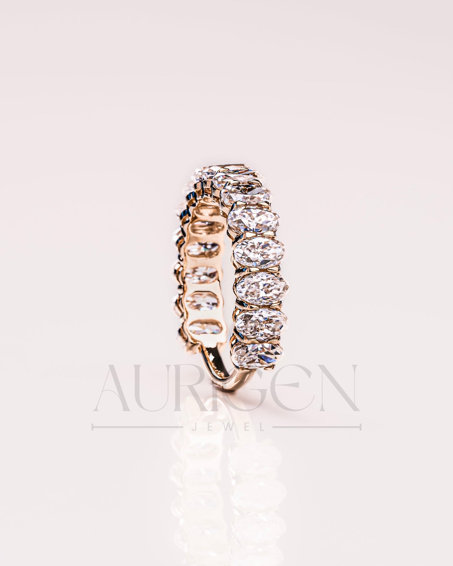 14K Solid Gold Crushed Ice Oval Moissanite & Leb Diamond Eternity Band