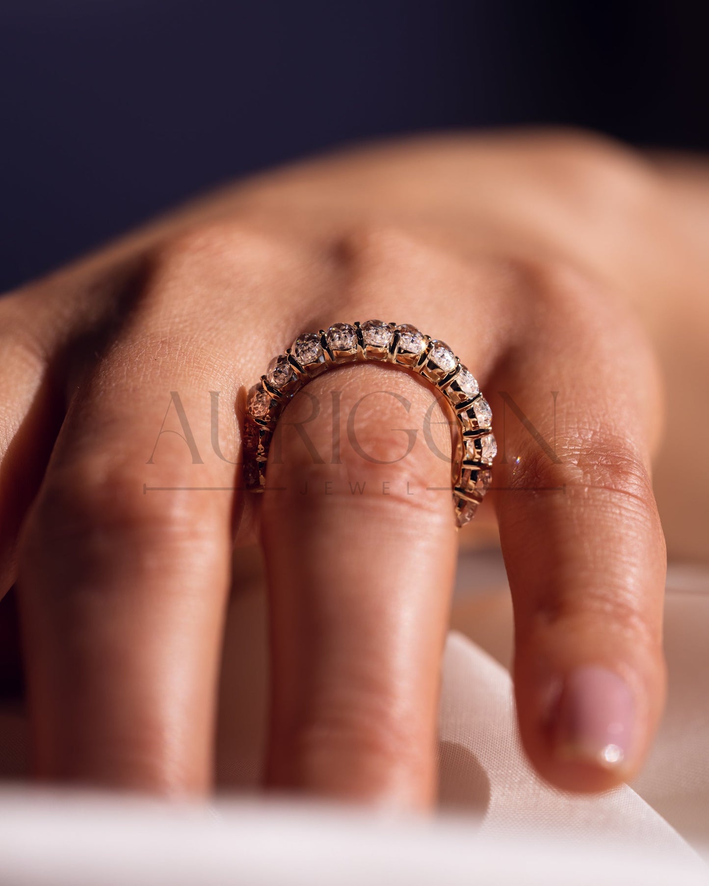 14K Solid Gold Crushed Ice Oval Moissanite & Leb Diamond Eternity Band