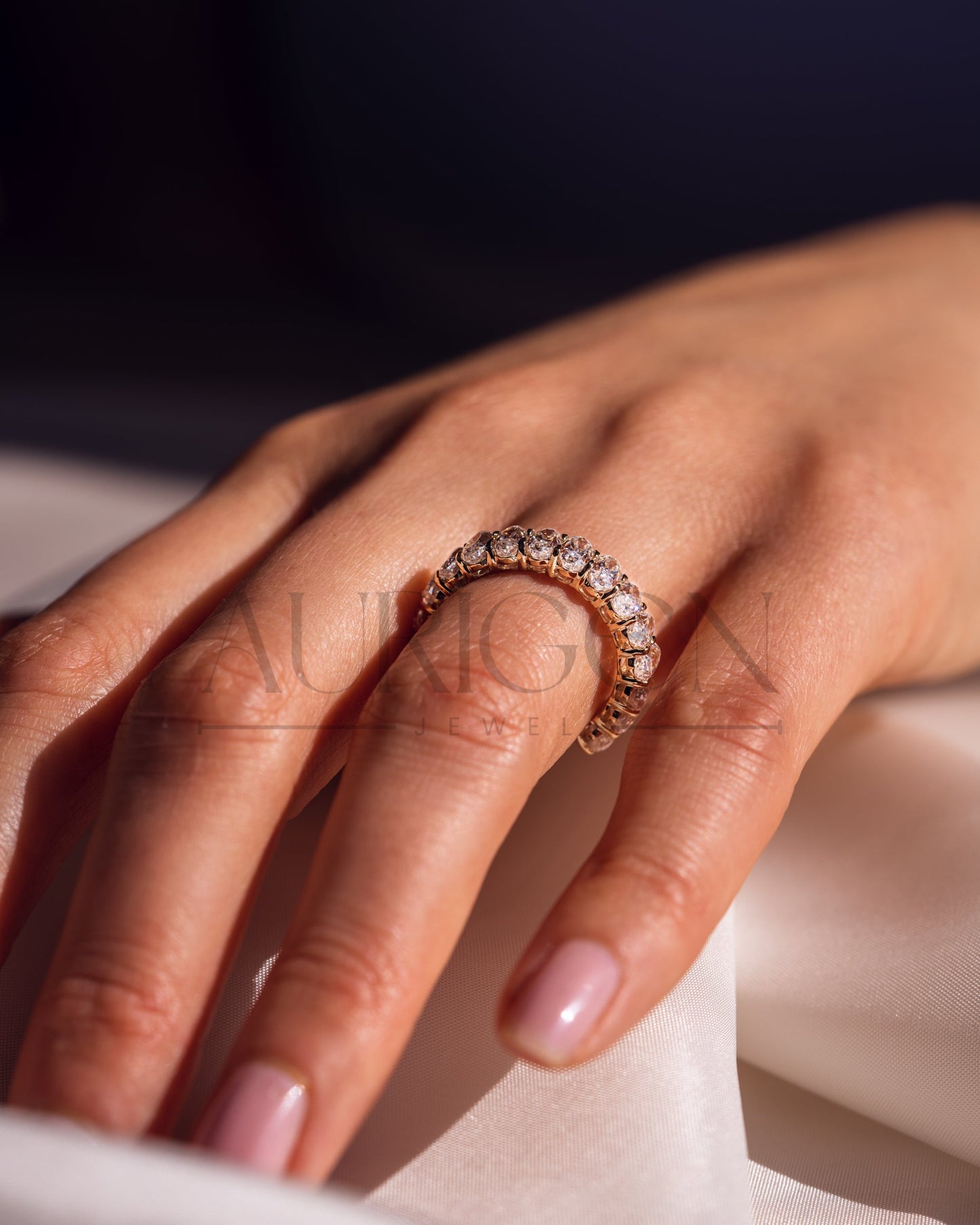 14K Solid Gold Crushed Ice Oval Moissanite & Leb Diamond Eternity Band
