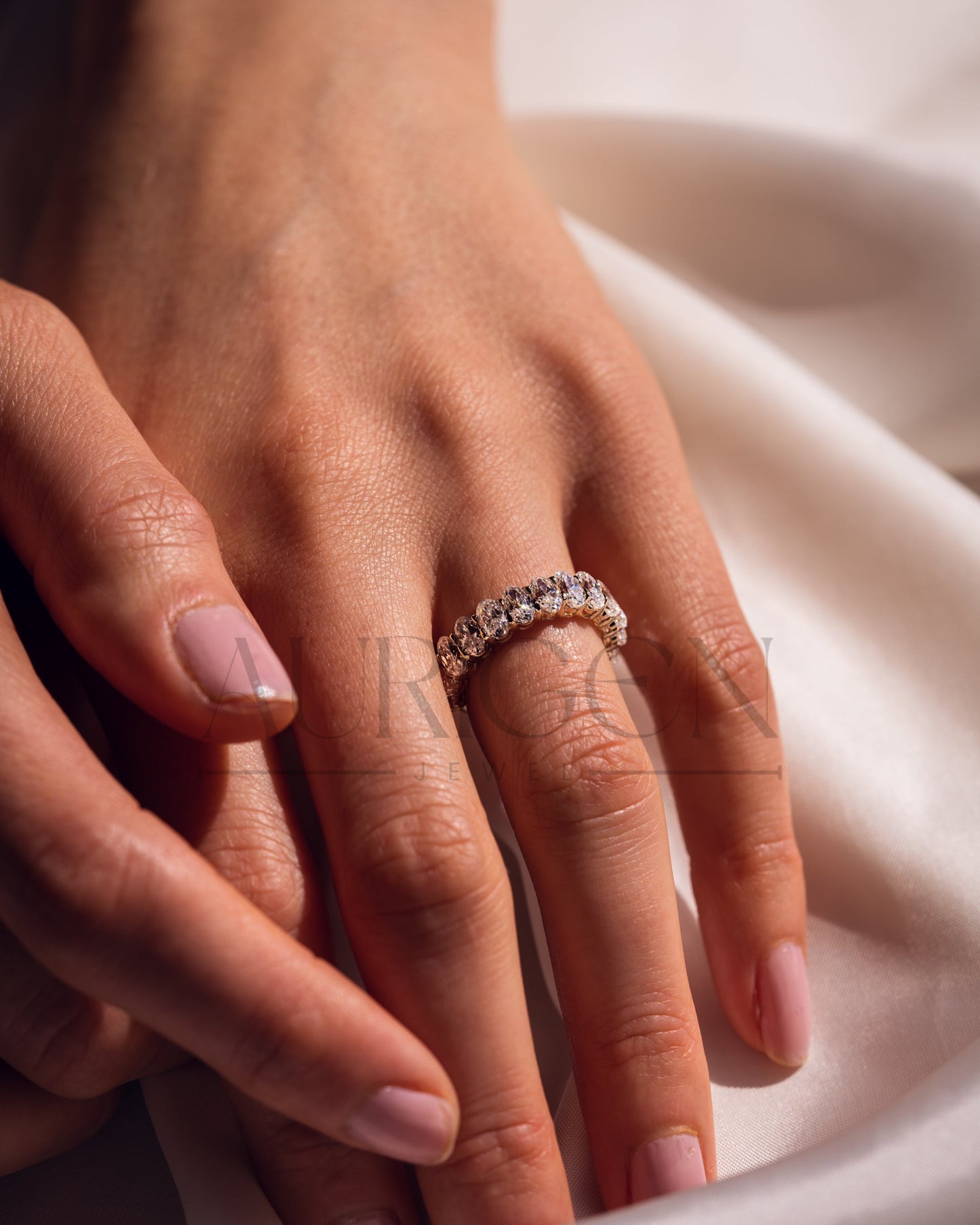 14K Solid Gold Crushed Ice Oval Moissanite & Leb Diamond Eternity Band