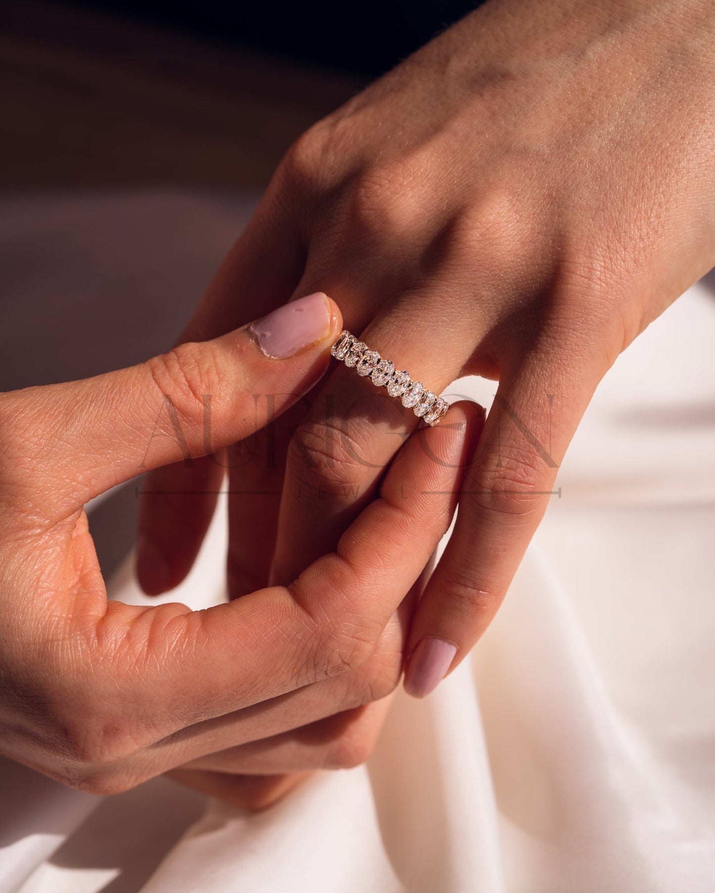 14K Solid Gold Crushed Ice Oval Moissanite & Leb Diamond Eternity Band