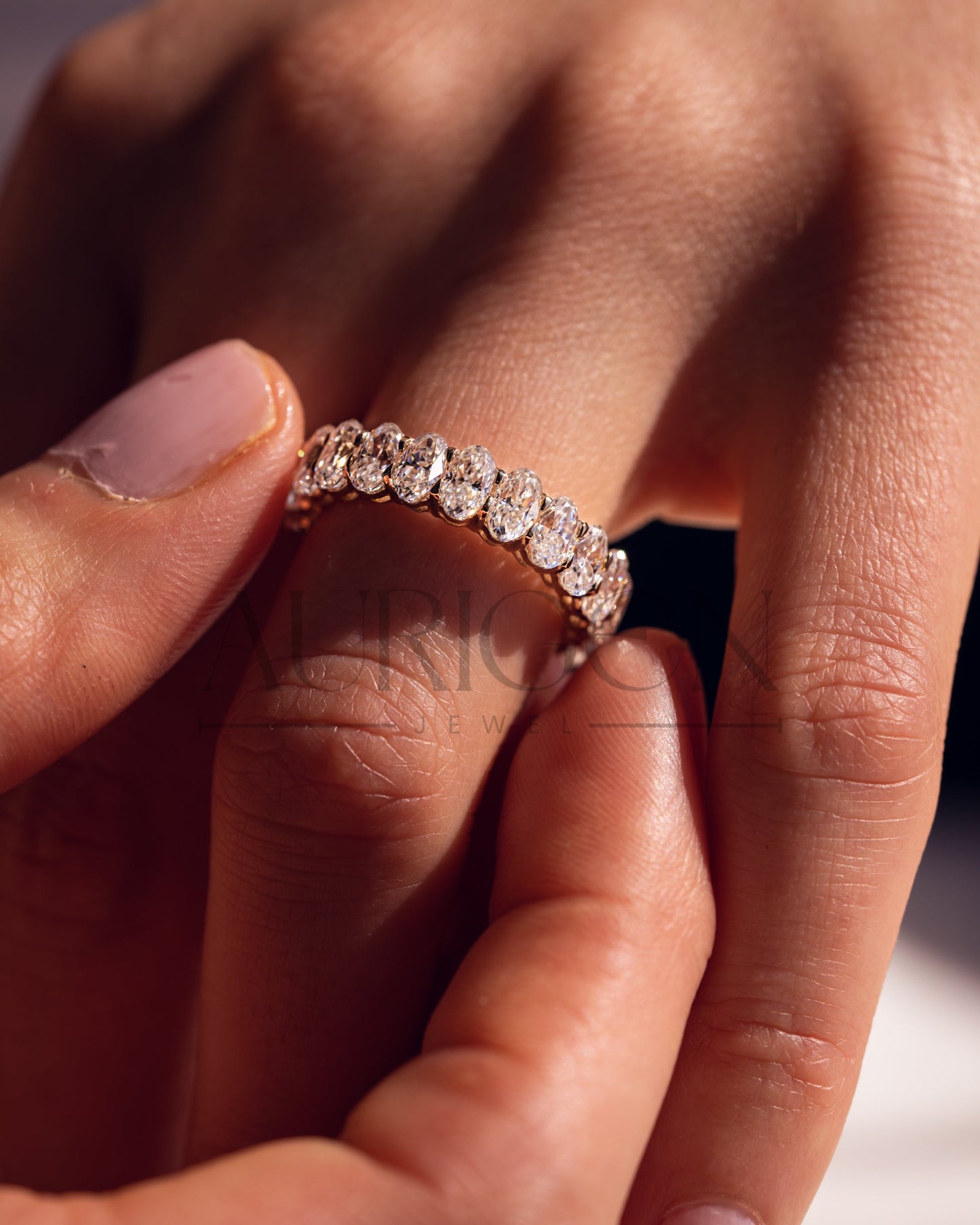 14K Solid Gold Crushed Ice Oval Moissanite & Leb Diamond Eternity Band