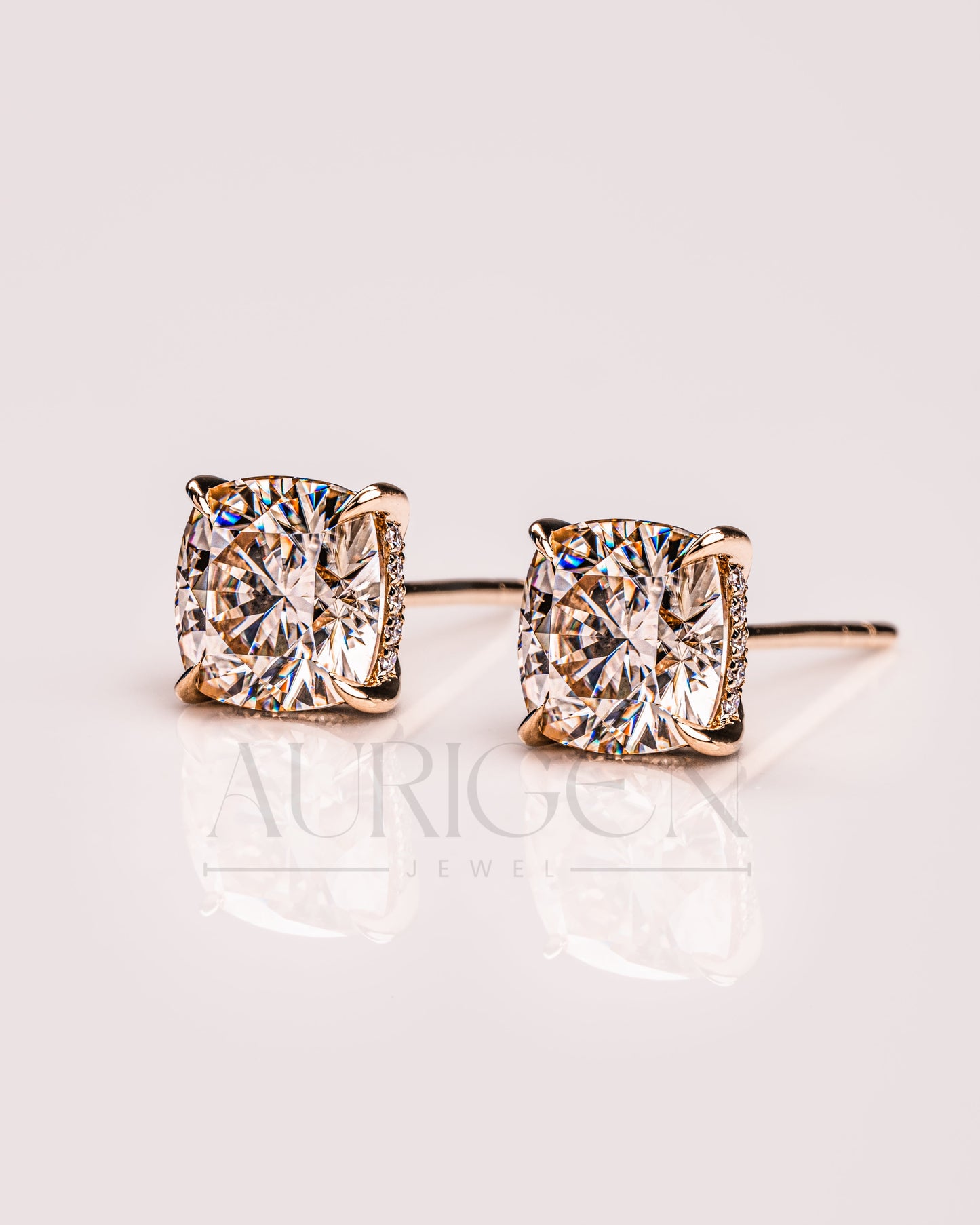 Sparkling Cushion Cut Stud Earrings – 14K Yellow Gold Lab Grown and Moissanite Diamond