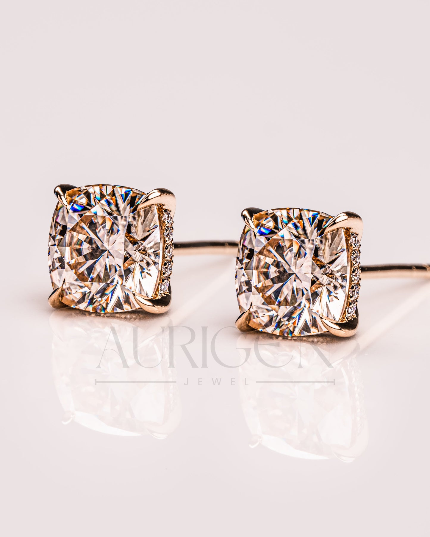 Sparkling Cushion Cut Stud Earrings – 14K Yellow Gold Lab Grown and Moissanite Diamond