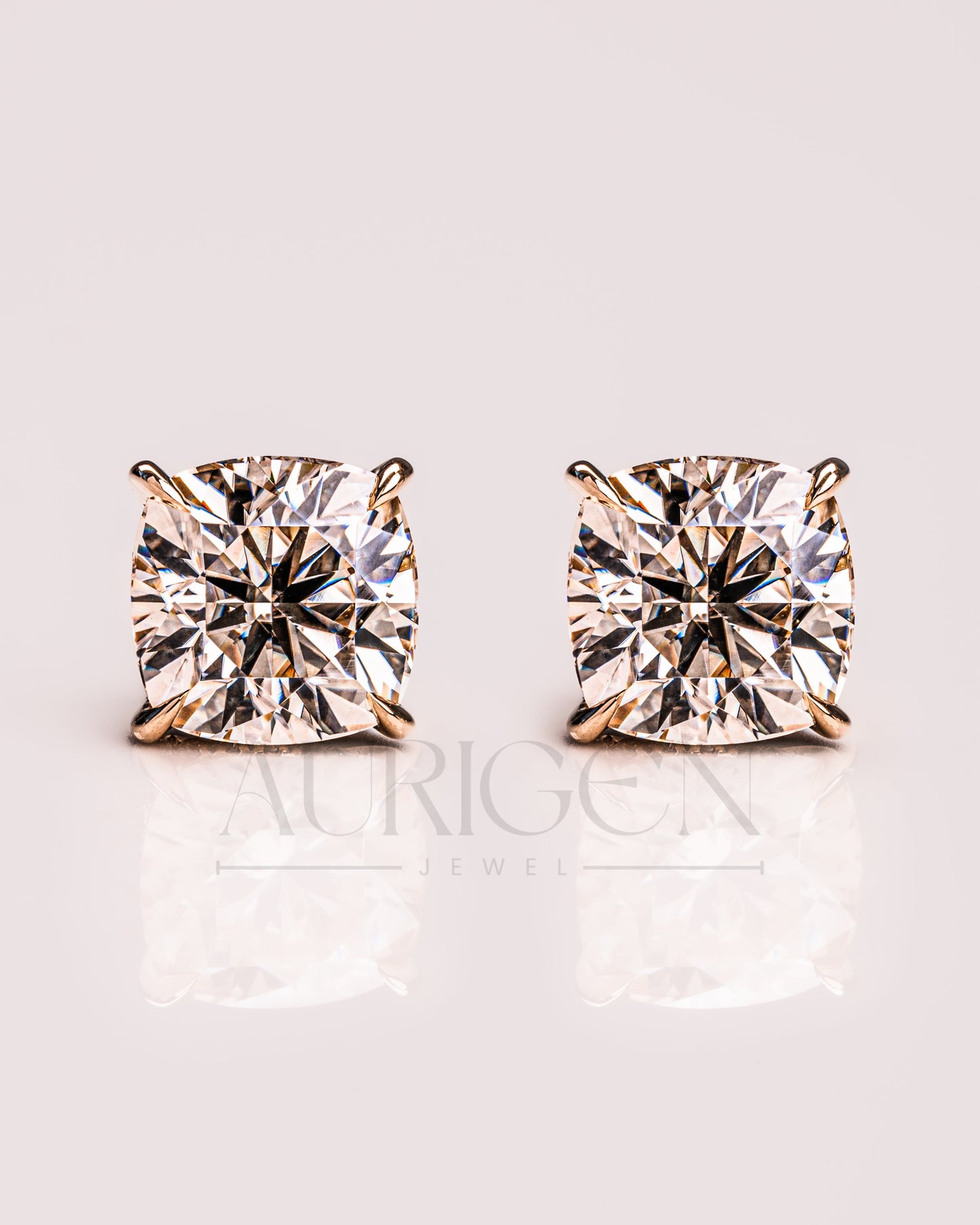 Sparkling Cushion Cut Stud Earrings – 14K Yellow Gold Lab Grown and Moissanite Diamond