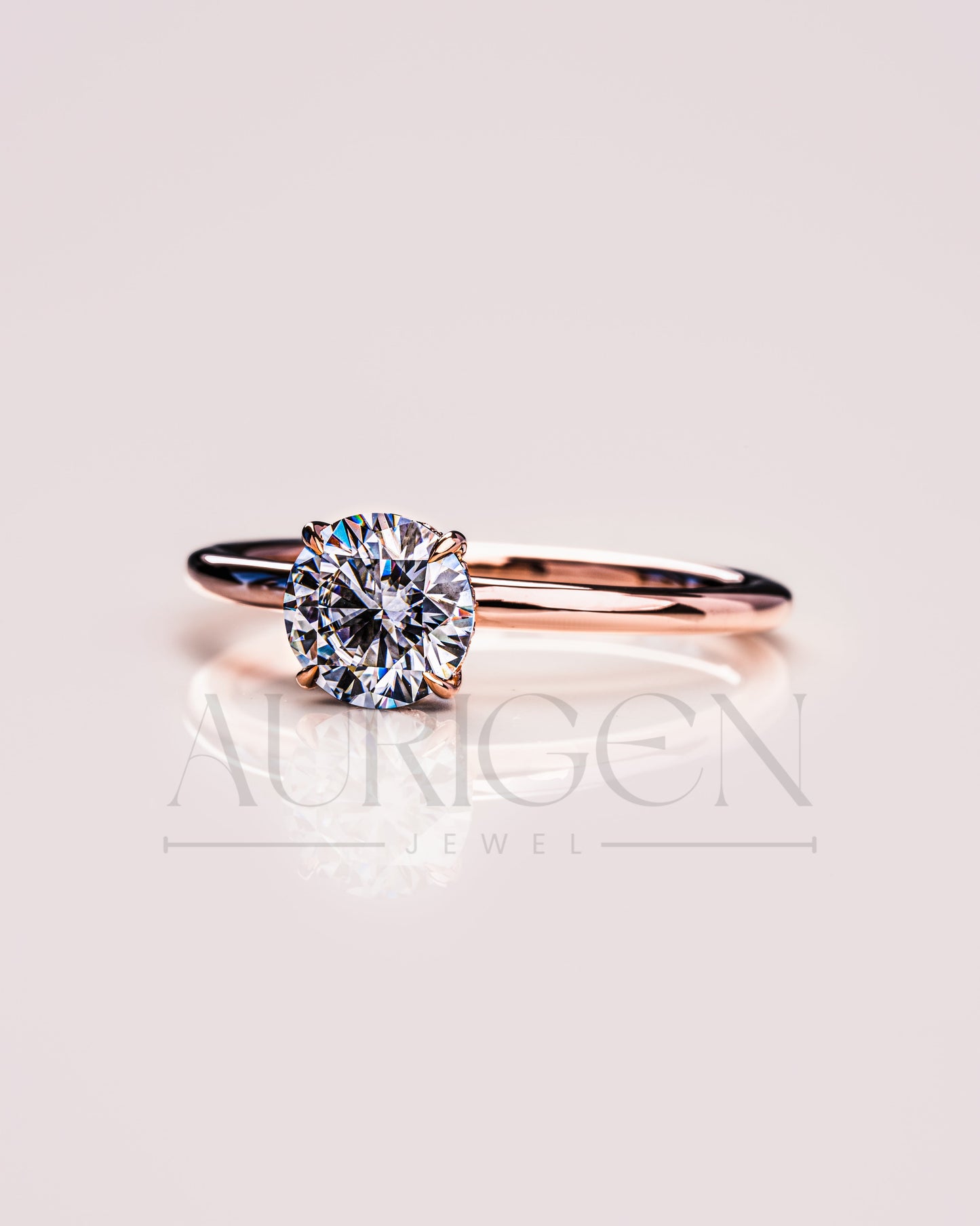 Round Cut Moissanite and Leb Grown Engagement Ring Hidden Halo with 4 Prongs in 14k Rose Gold