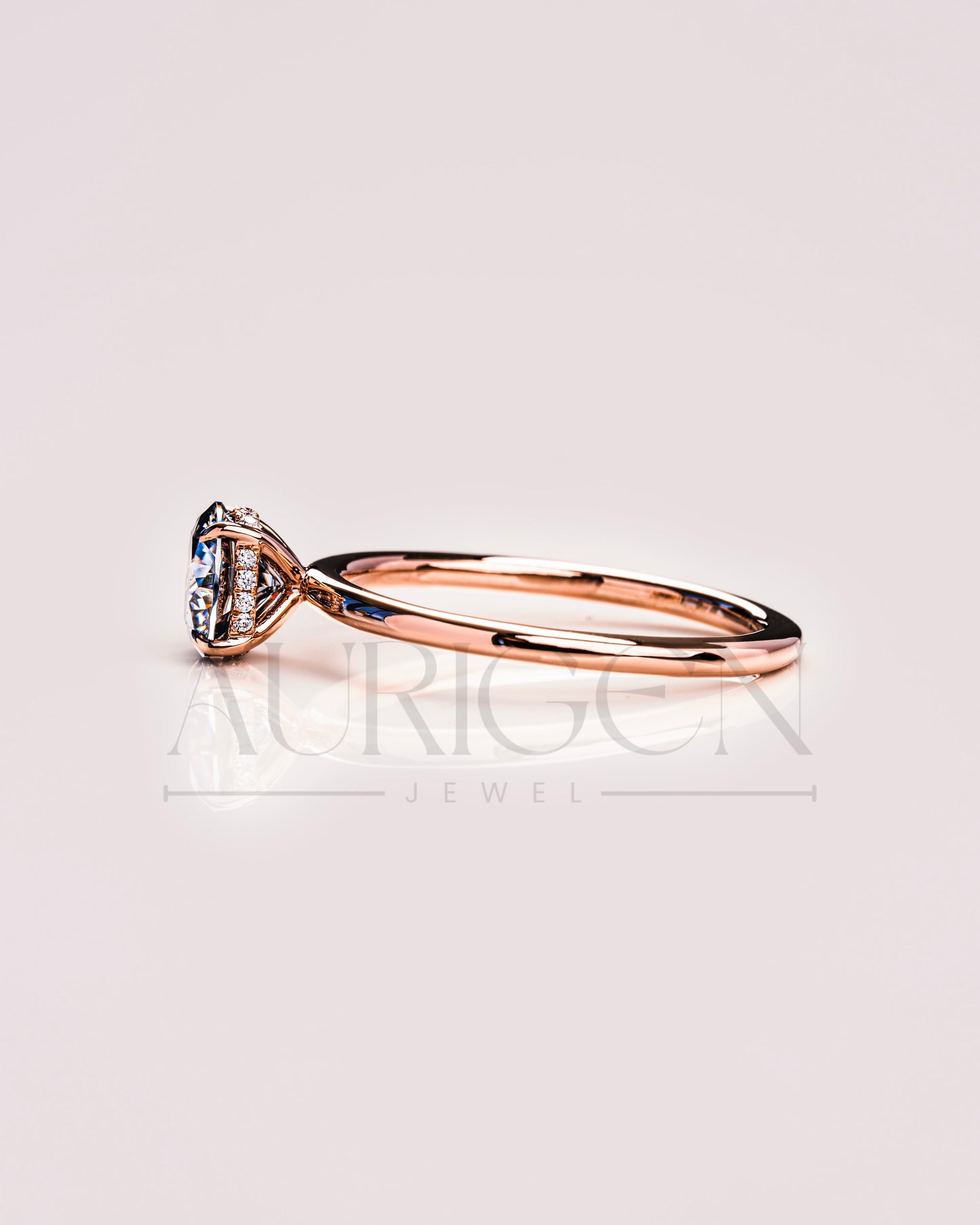 Round Cut Moissanite and Leb Grown Engagement Ring Hidden Halo with 4 Prongs in 14k Rose Gold