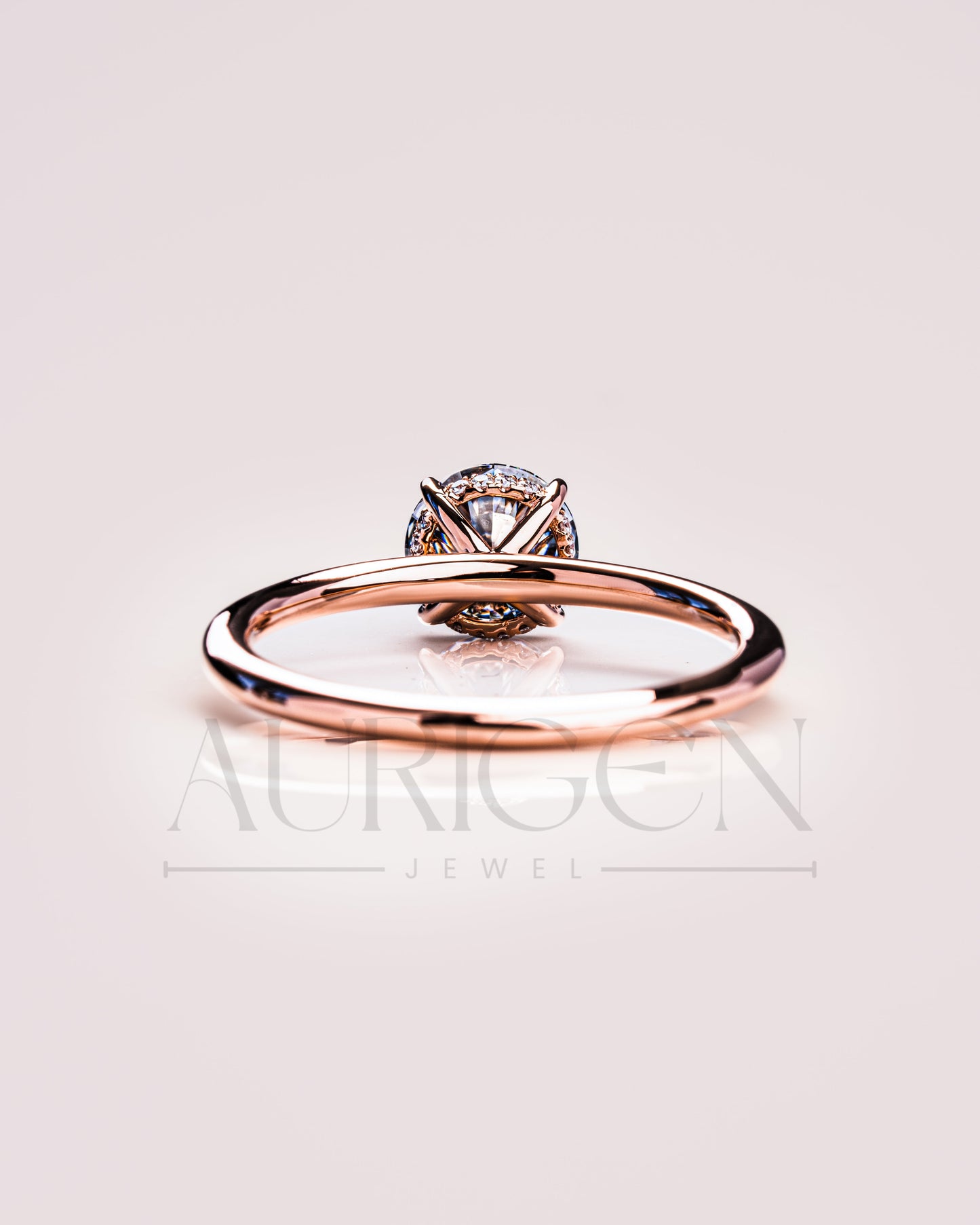 Round Cut Moissanite and Leb Grown Engagement Ring Hidden Halo with 4 Prongs in 14k Rose Gold