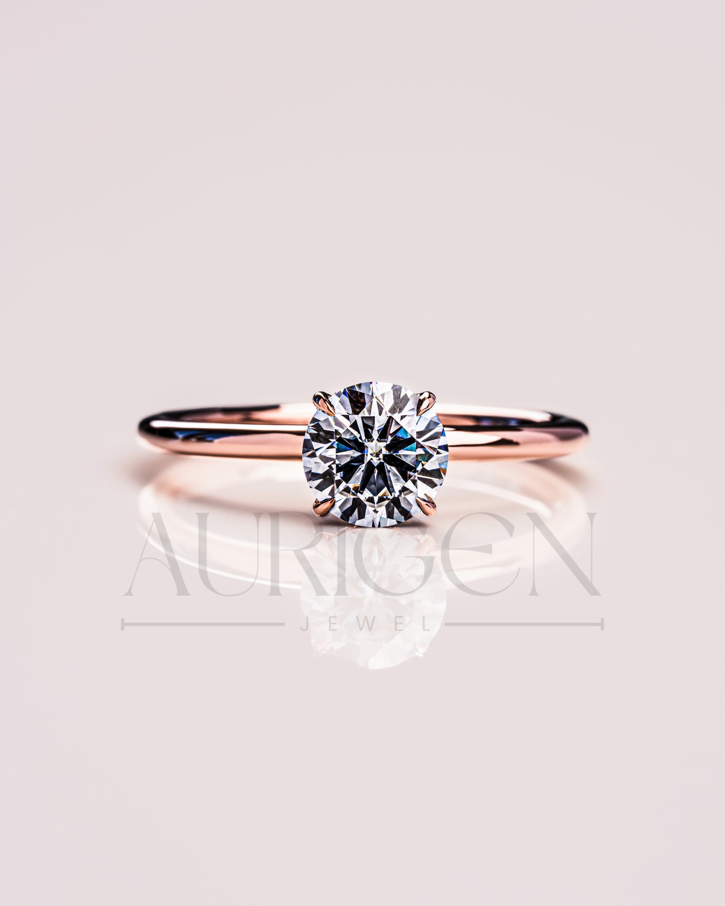 Round Cut Moissanite and Leb Grown Engagement Ring Hidden Halo with 4 Prongs in 14k Rose Gold