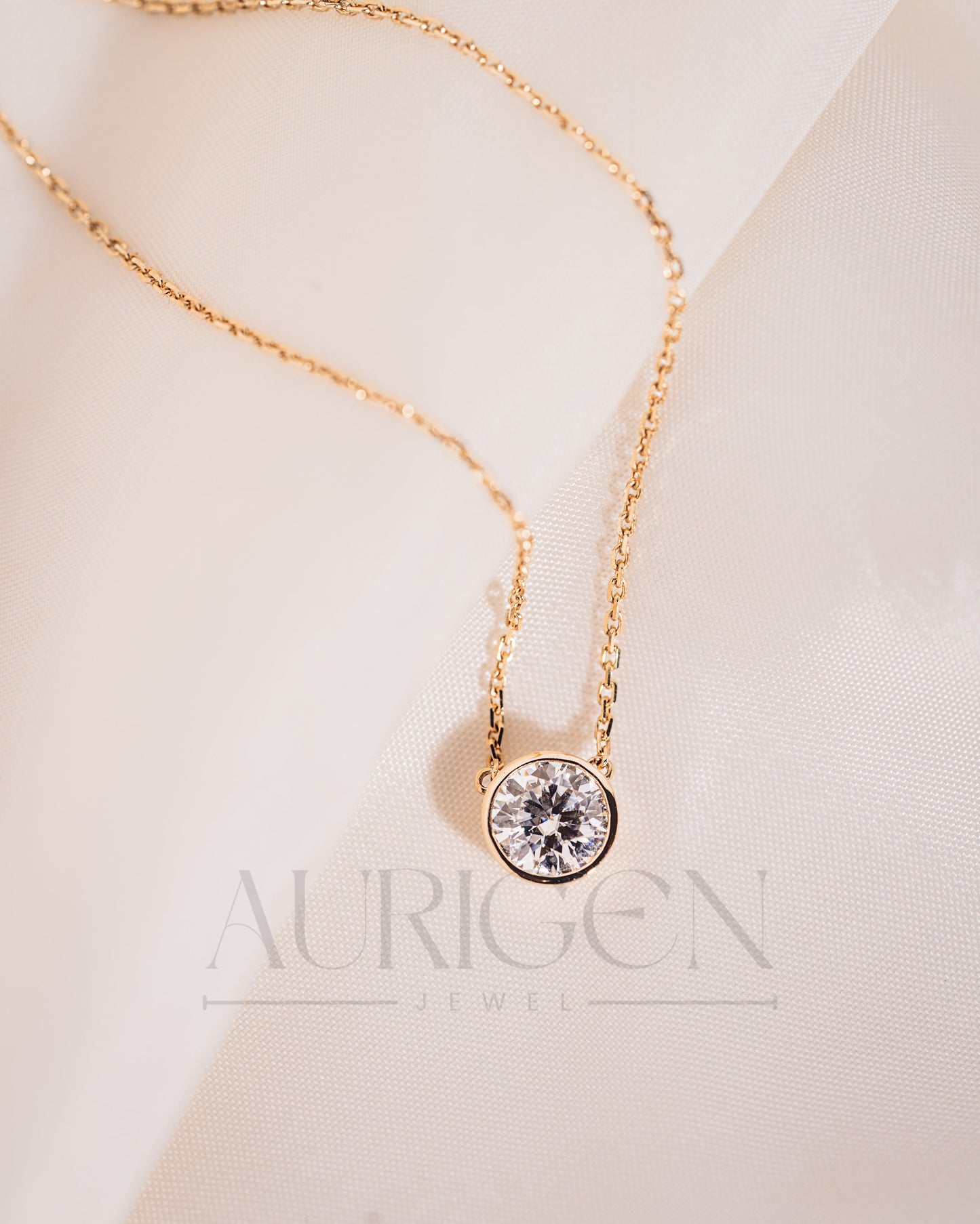 Timeless 14K Rose Gold Round Cut Bezel Necklace-Lab Grown and Moissanite Diamond