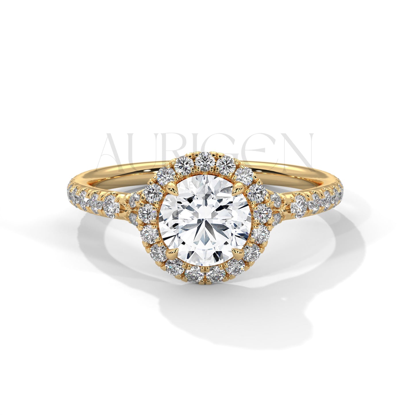 1 Ct Round Halo Diamond Engagement Ring in 14K Solid Gold with Pave Band