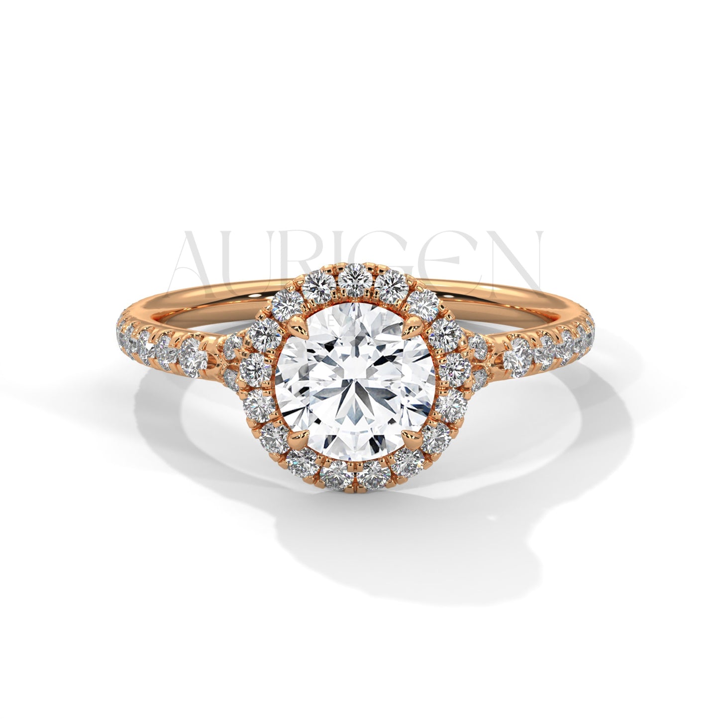 1 Ct Round Halo Diamond Engagement Ring in 14K Solid Gold with Pave Band