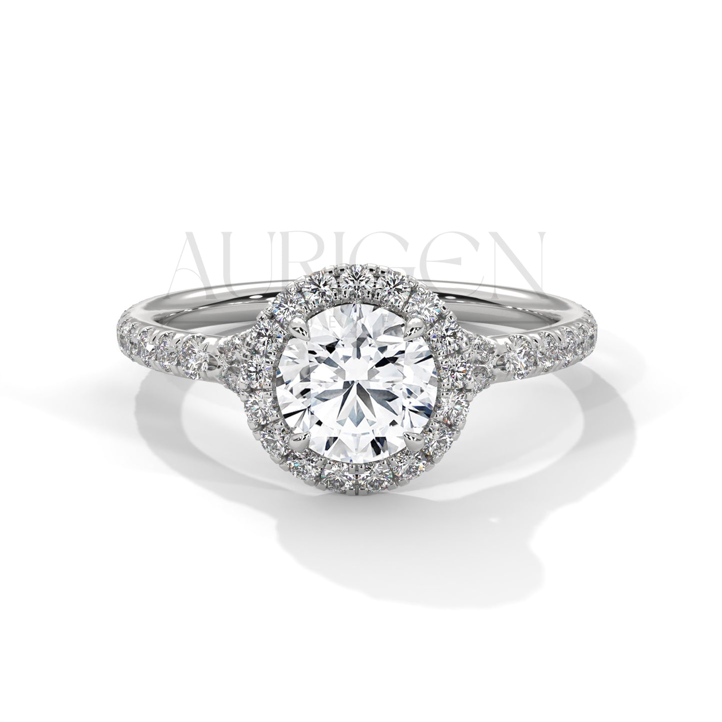 1 Ct Round Halo Diamond Engagement Ring in 14K Solid Gold with Pave Band