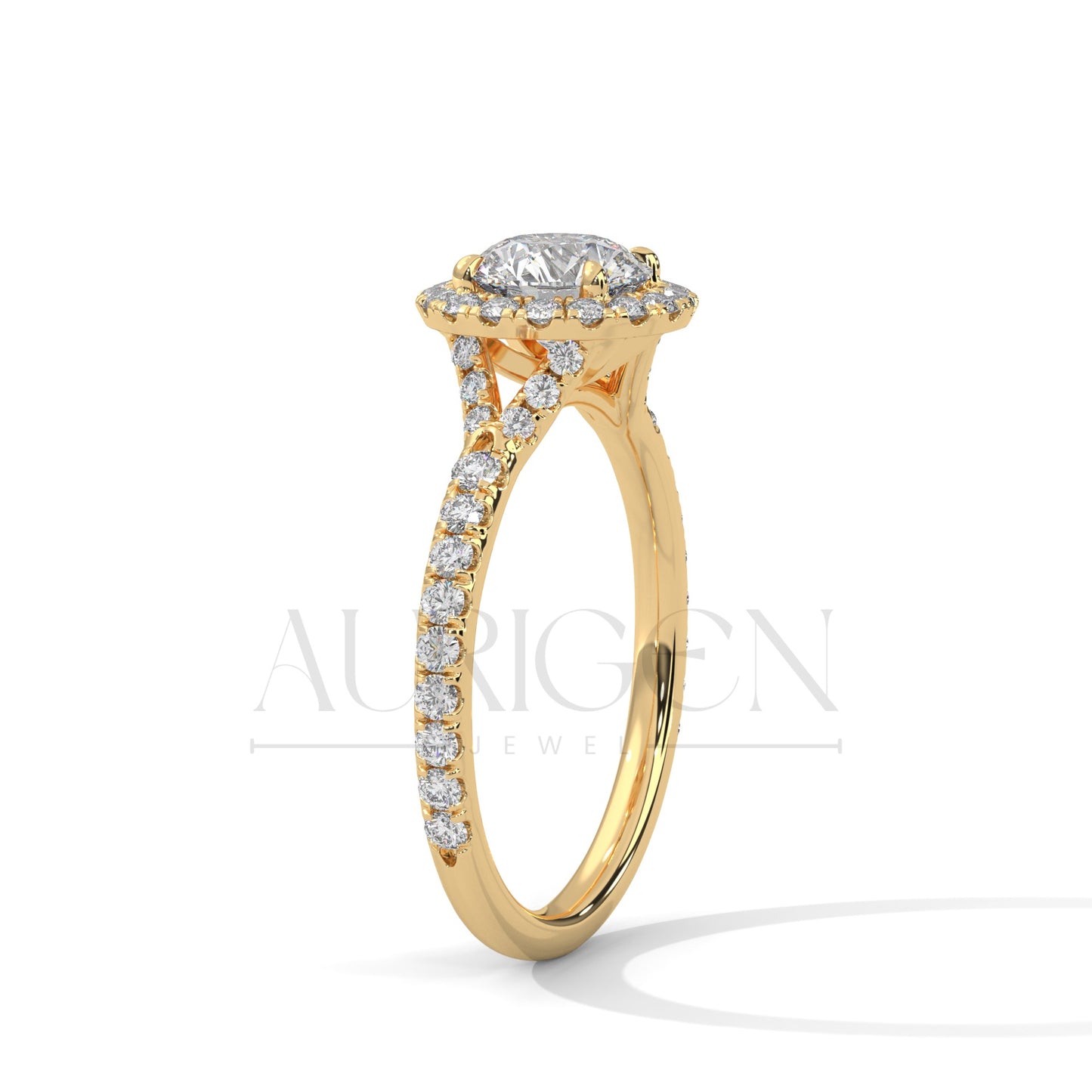 1 Ct Round Halo Diamond Engagement Ring in 14K Solid Gold with Pave Band
