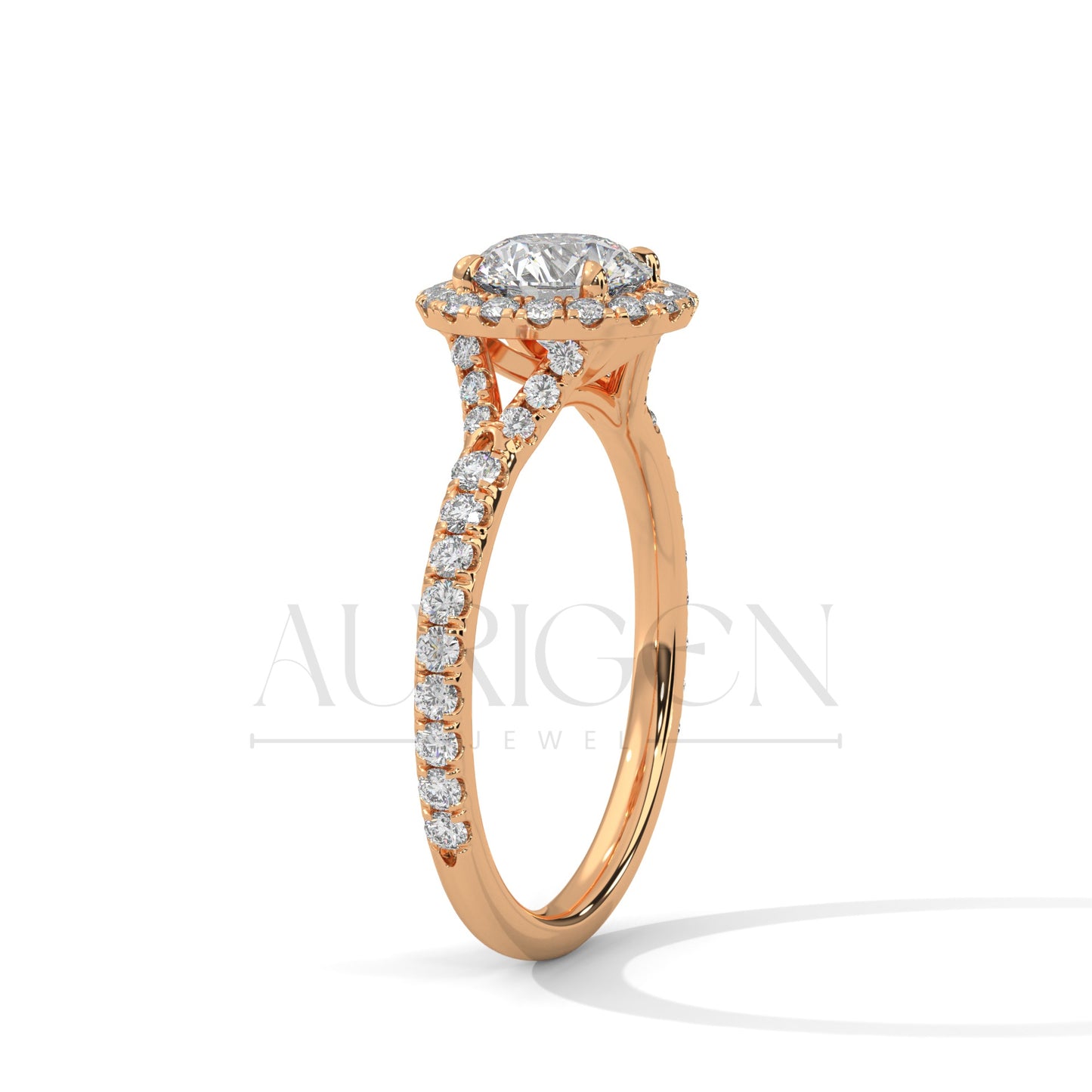 1 Ct Round Halo Diamond Engagement Ring in 14K Solid Gold with Pave Band
