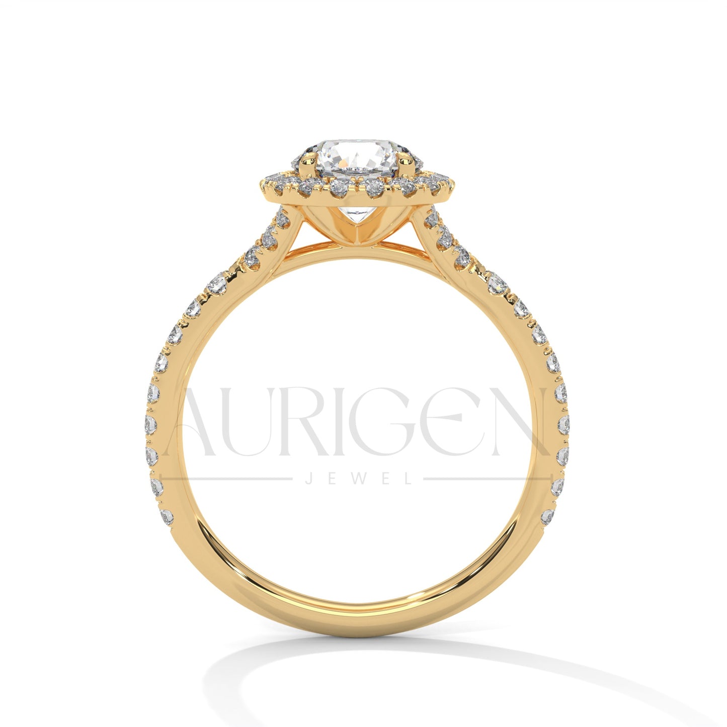 1 Ct Round Halo Diamond Engagement Ring in 14K Solid Gold with Pave Band
