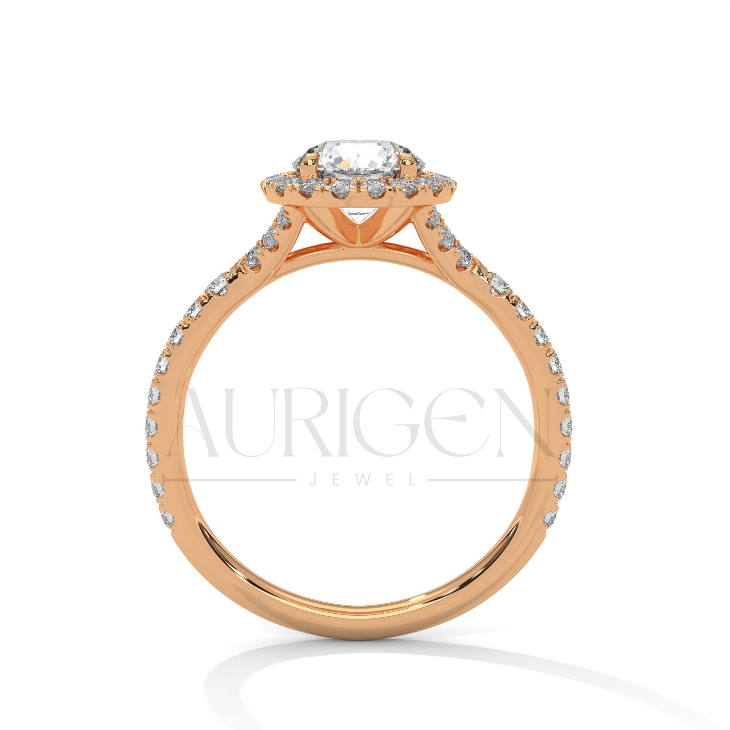 1 Ct Round Halo Diamond Engagement Ring in 14K Solid Gold with Pave Band