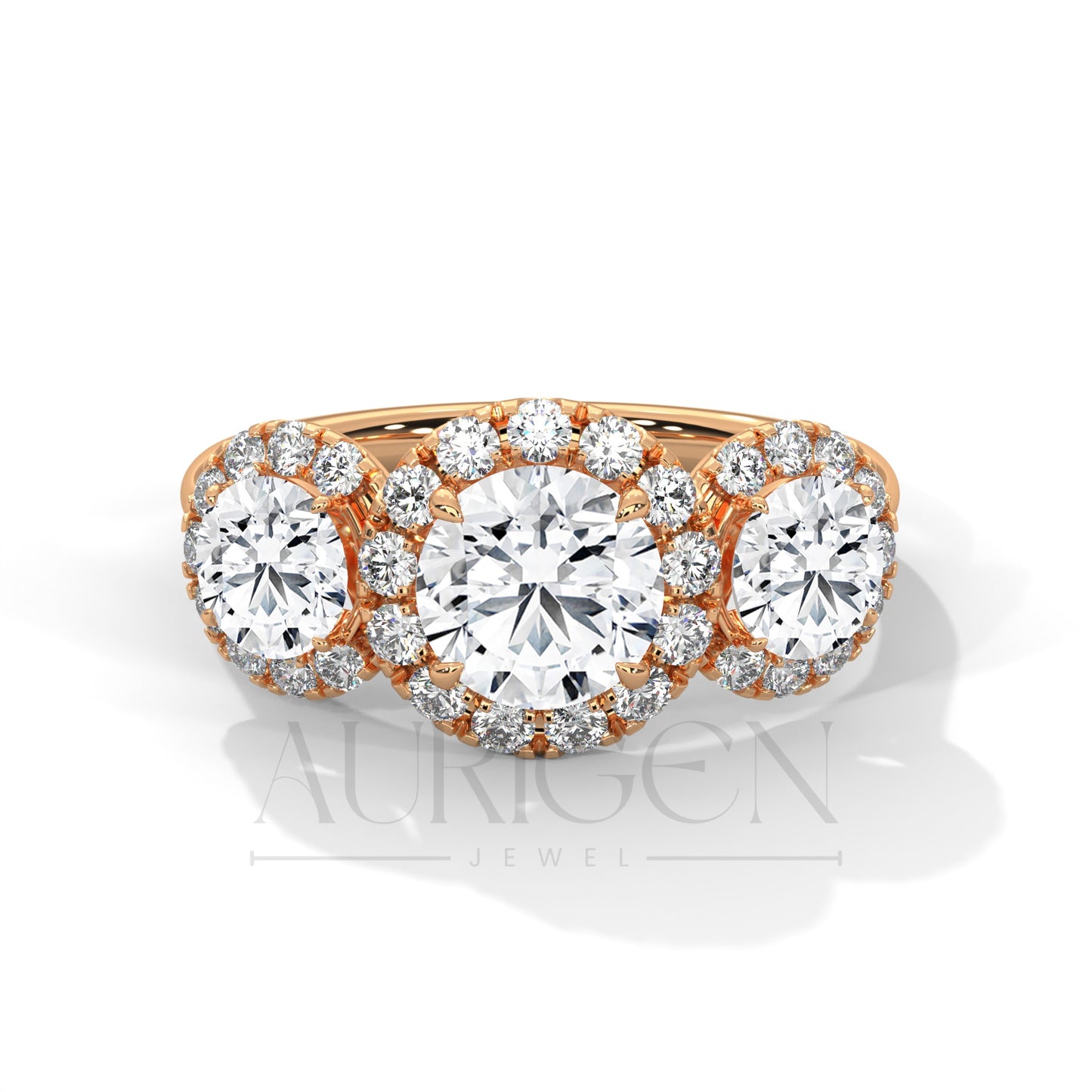 Three Stone Round Halo Diamond Engagement Ring in 14K Solid Gold