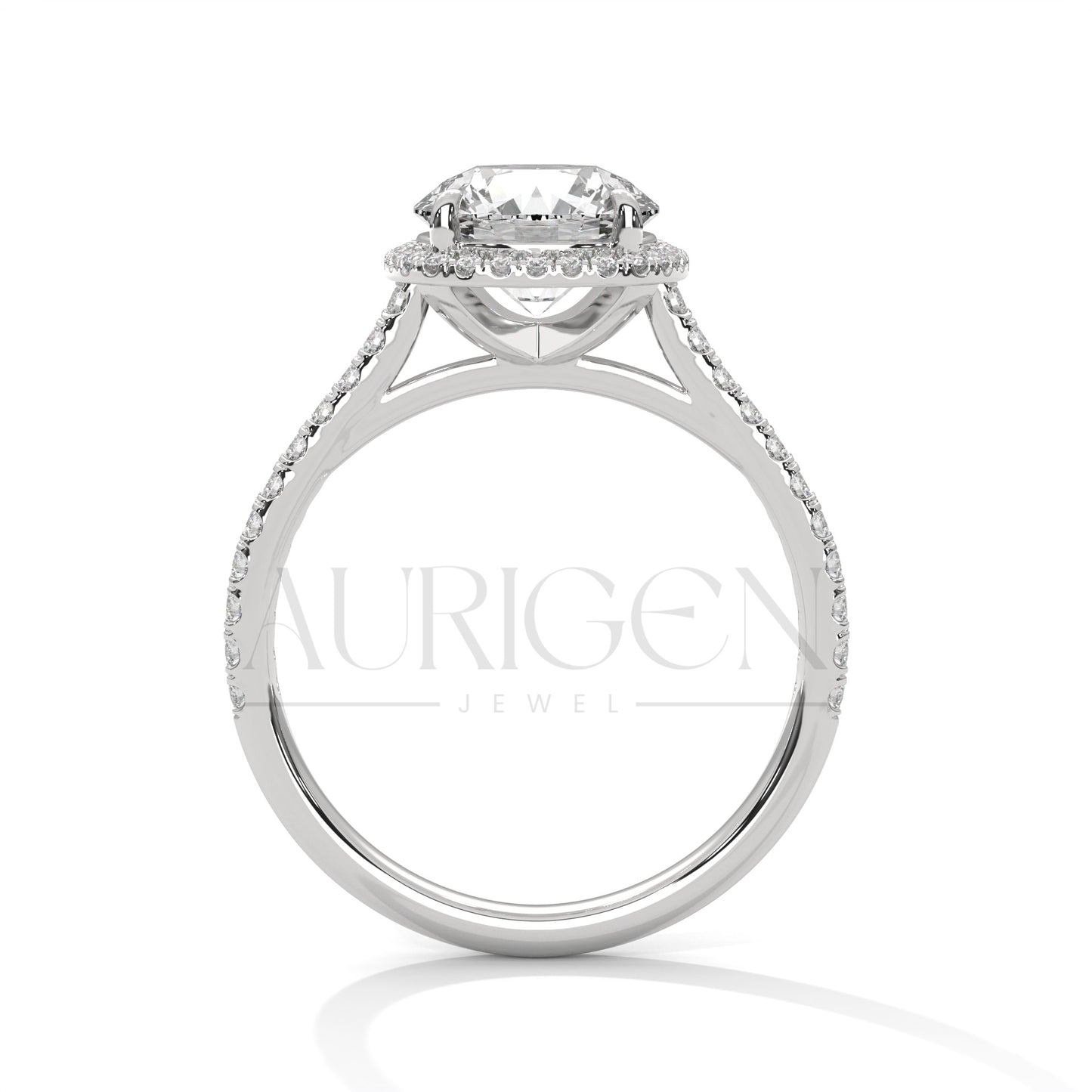 Round Brilliant Diamond Halo Engagement Ring in 14K Solid Gold with Pave Band
