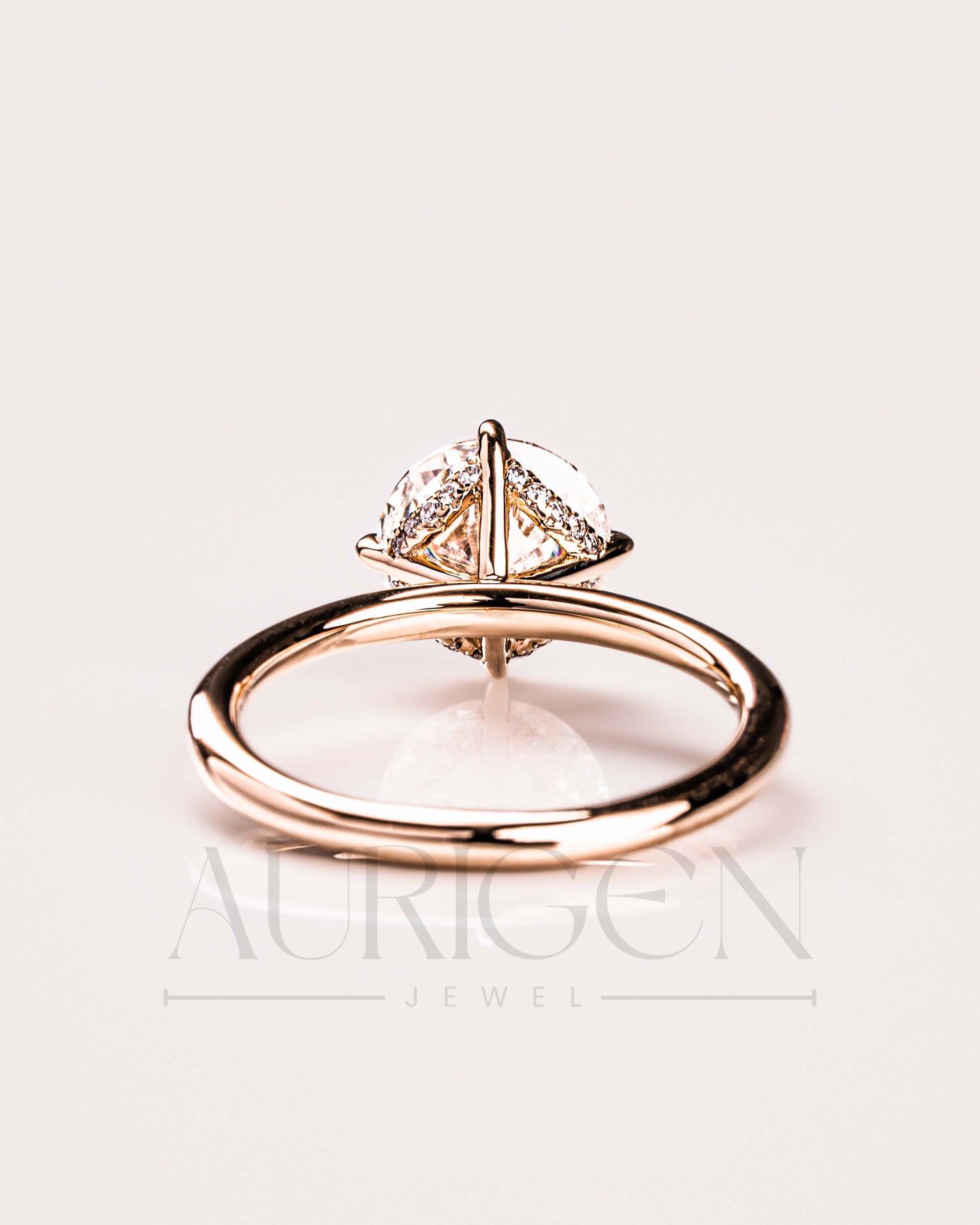 Round Brilliant Moissanite and Leb Grown Diamond Engagement Ring with Hidden Halo in 14K Rose Gold