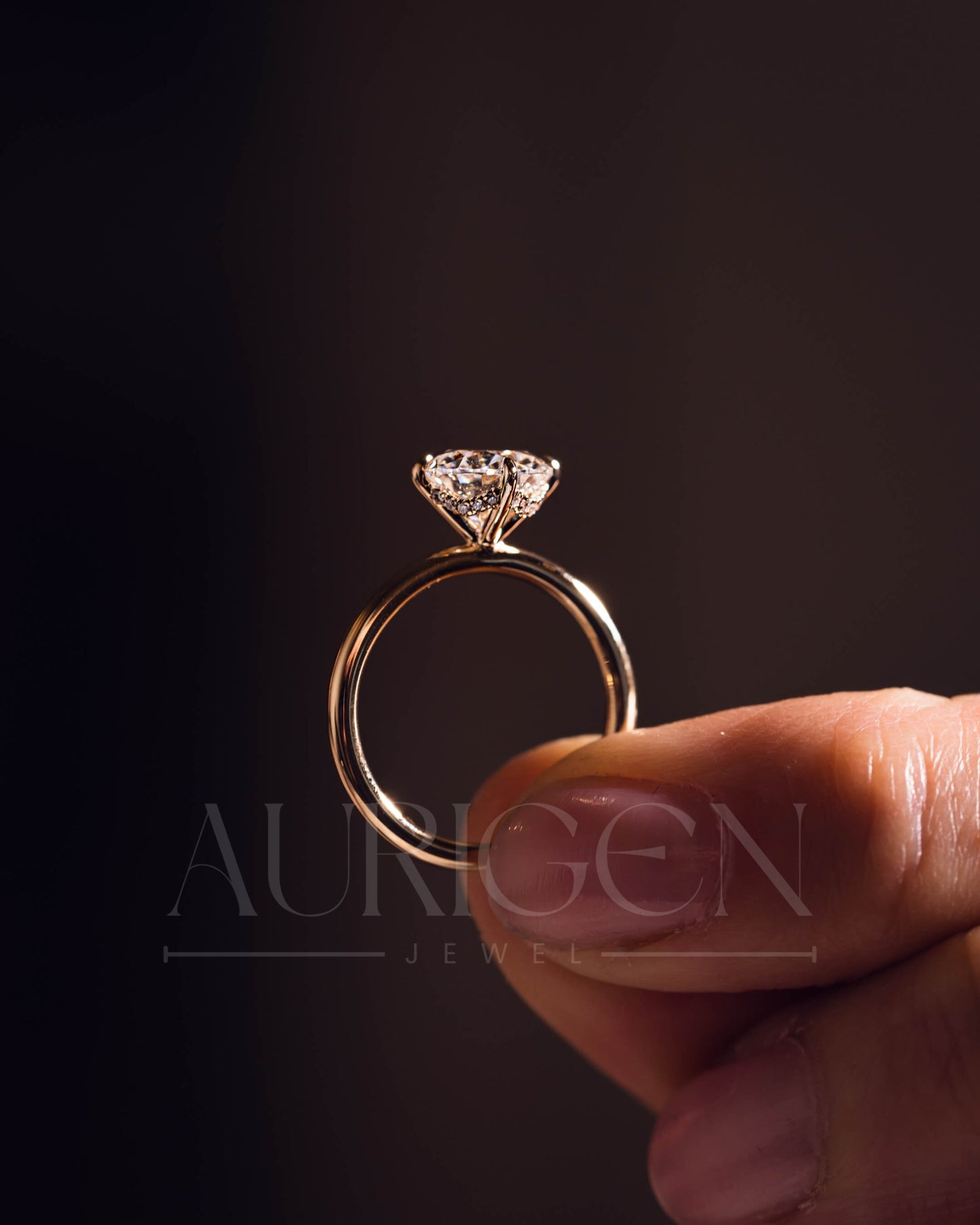 Round Brilliant Moissanite and Leb Grown Diamond Engagement Ring with Hidden Halo in 14K Rose Gold