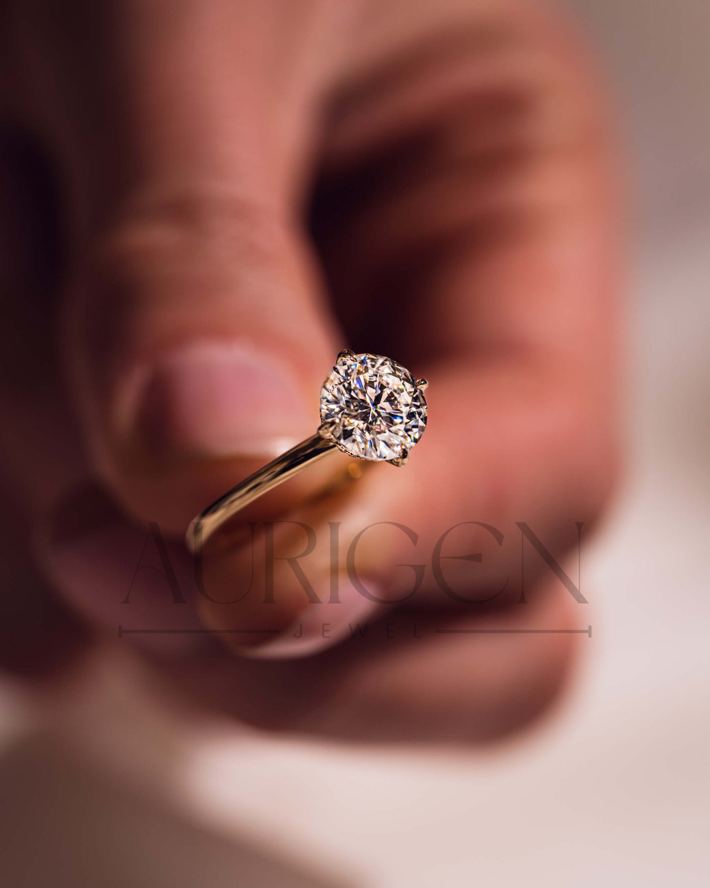 Round Brilliant Moissanite and Leb Grown Diamond Engagement Ring with Hidden Halo in 14K Rose Gold