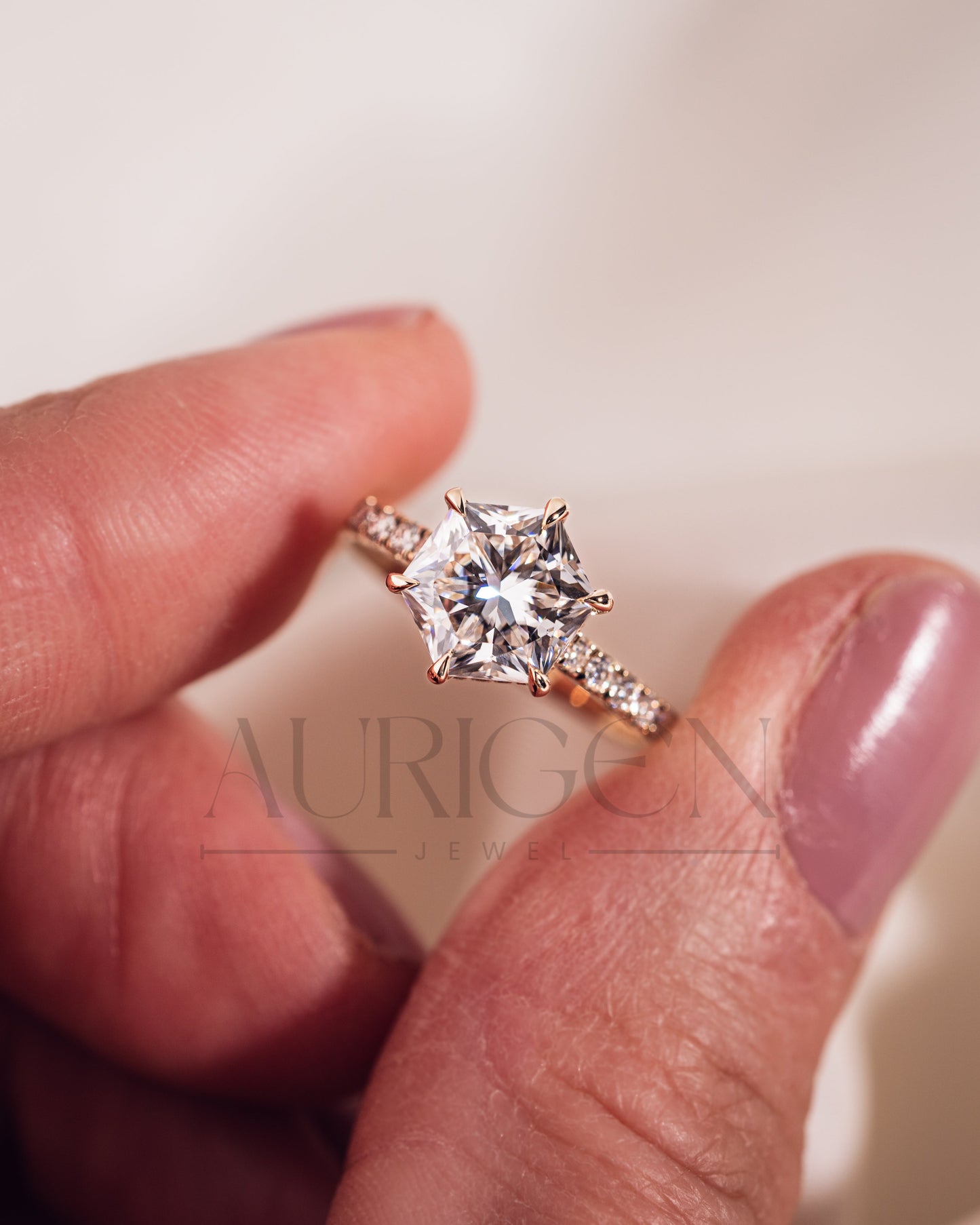 Stunning Hexagon Cut Moissanite and Lab Grown Diamond Engagement Ring in Solid Gold