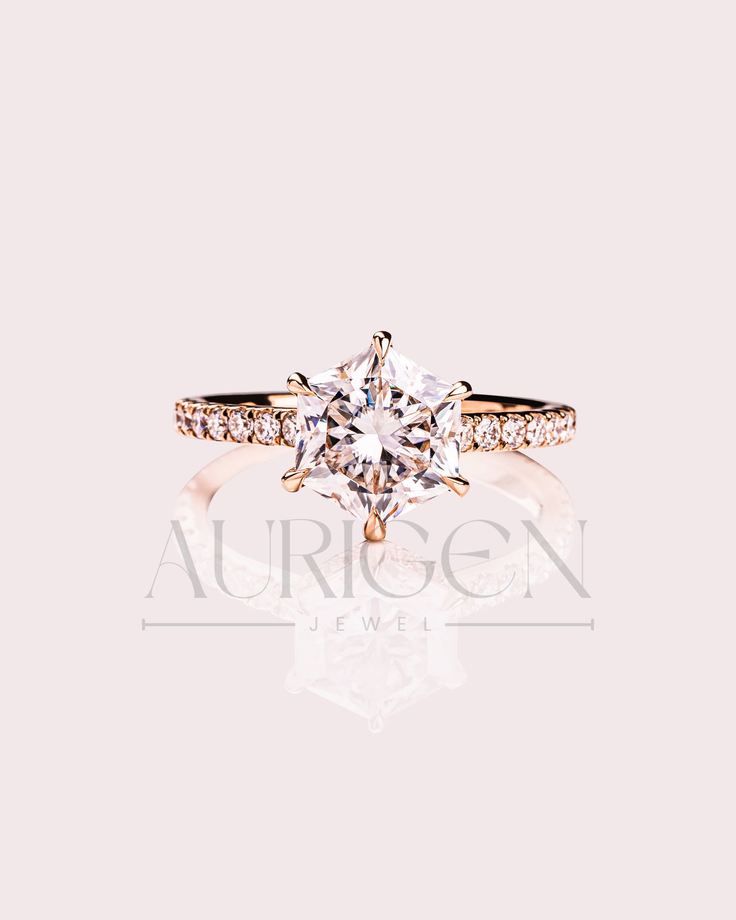 Stunning Hexagon Cut Moissanite and Lab Grown Diamond Engagement Ring in Solid Gold